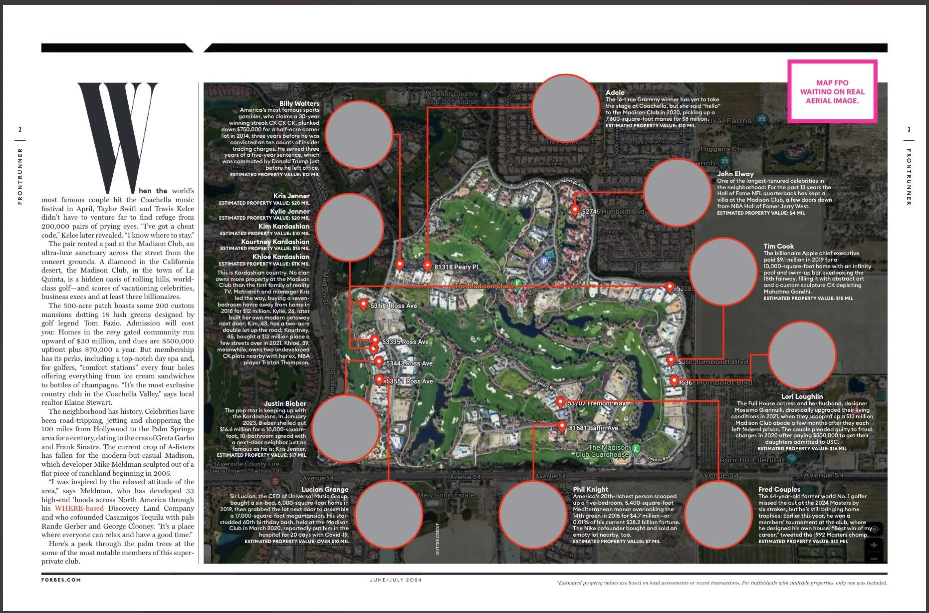 A satellite map of a neighborhood with red-outlined gray circles indicating property locations. There is a sidebar with text about notable residents and properties, and a pink box stating 'MAP FPO WAITING ON REAL AERIAL IMAGE.' at the top right.