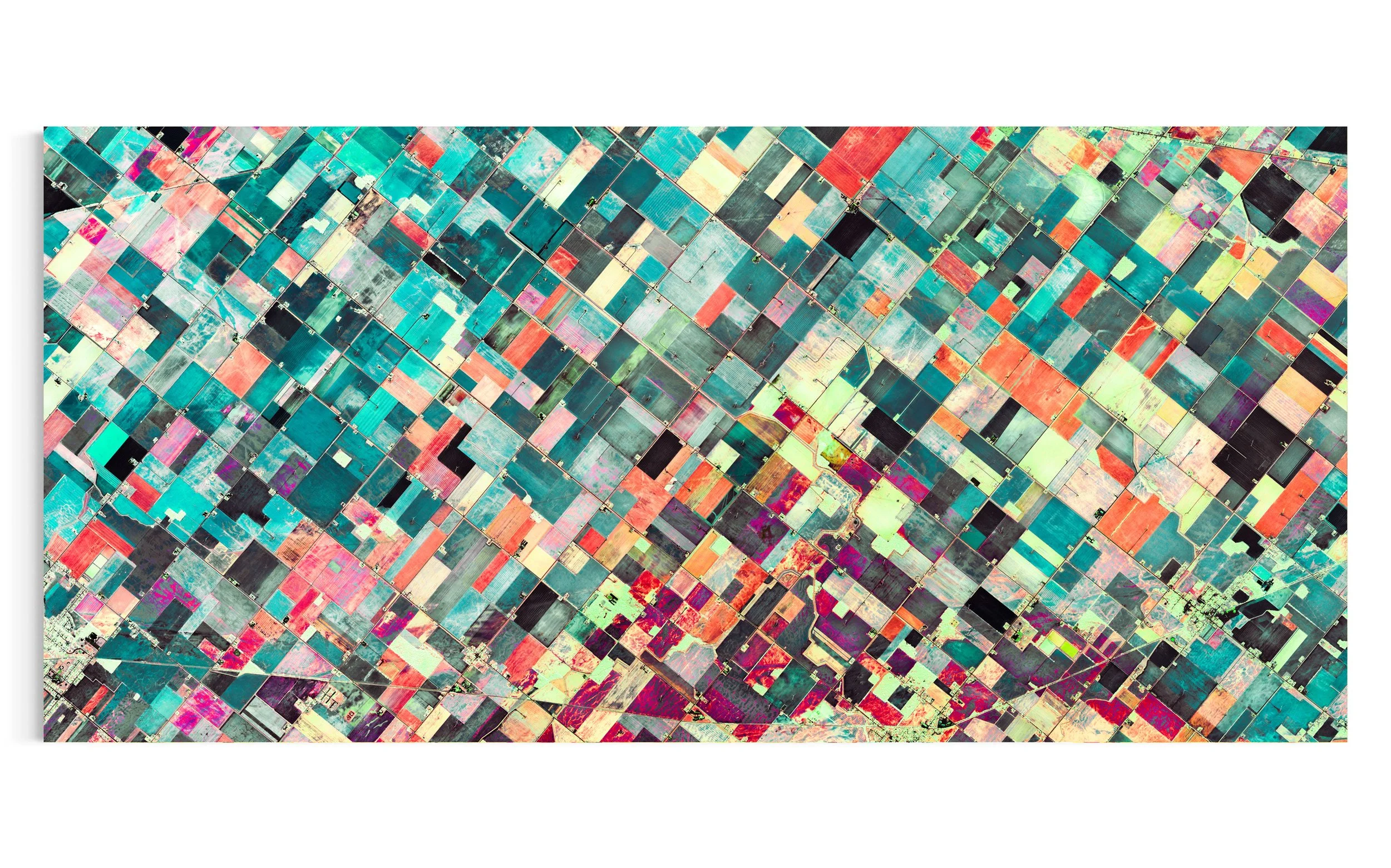 Panoramic satellite fine art image of agricultural land in Reese, Michigan, USA, with geometric field patterns and turquoise, coral, pink, mint, and black tones.
