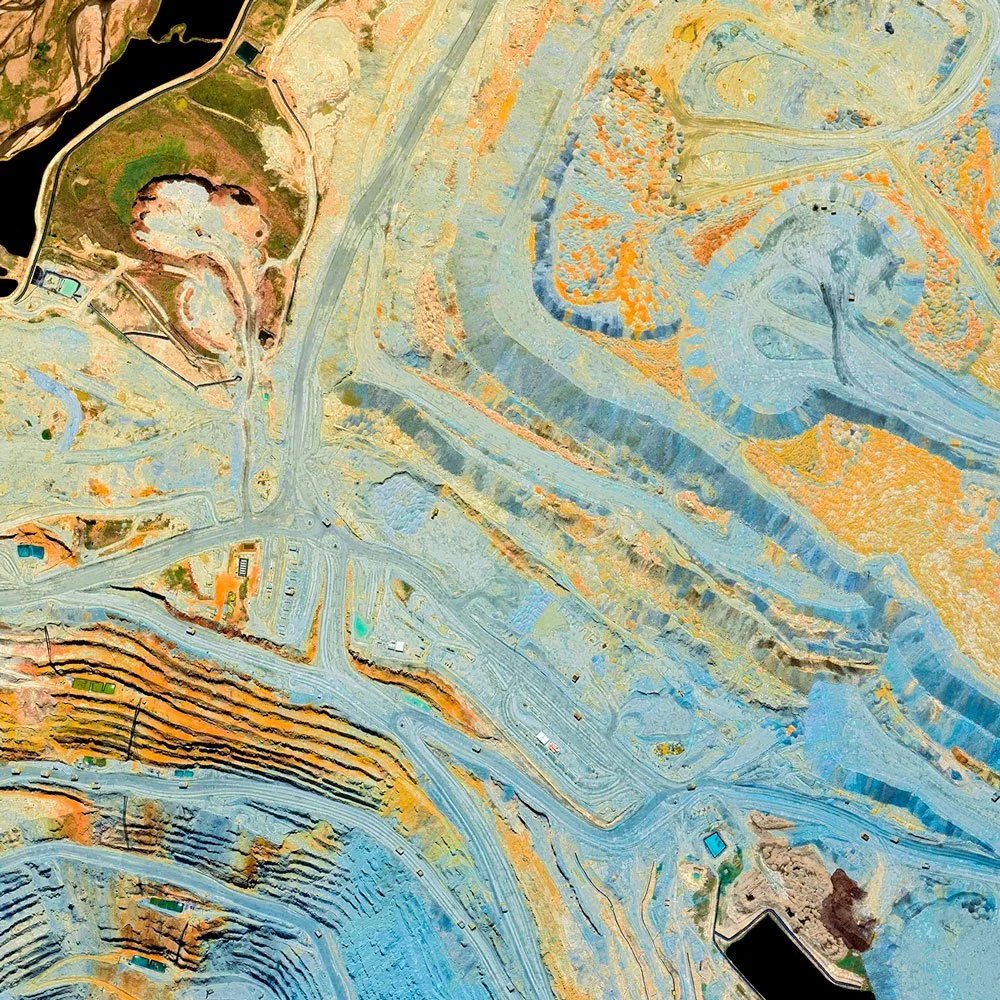 Detail of the Satellite fine art image of Antapaccay Mine, a large open-pit copper mine in southern Peru, transformed into an abstract composition with terraced excavations, processing areas, and surrounding infrastructure
