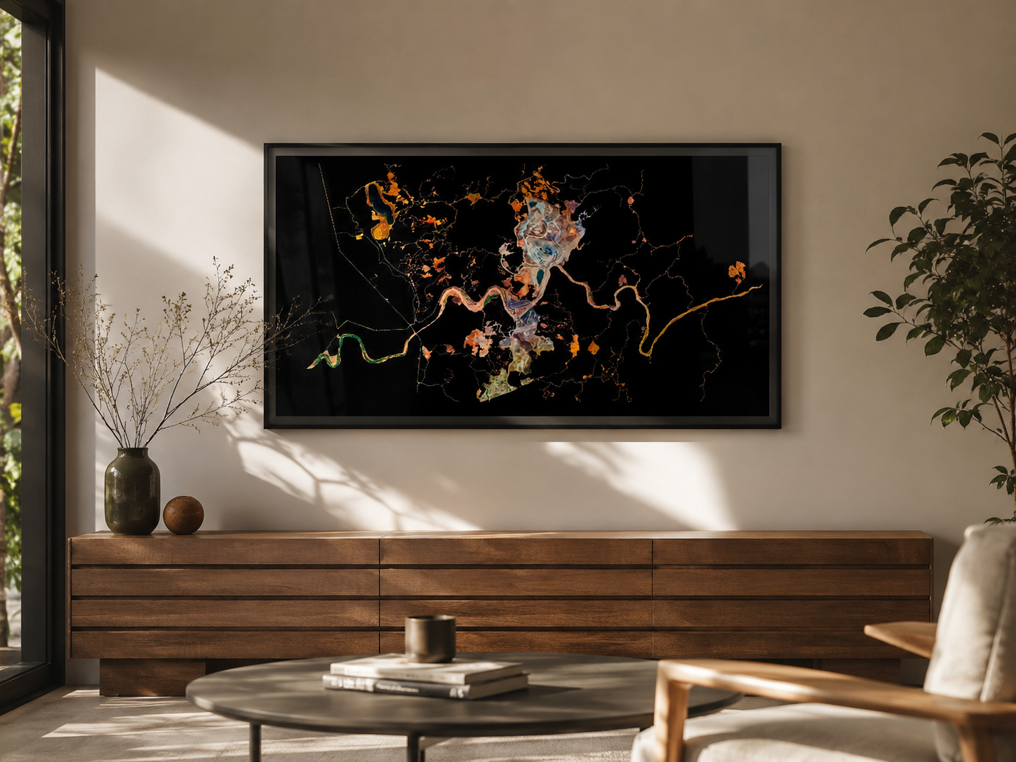 Modern living room with a large abstract map artwork on the wall, a wooden sideboard, decorative vases with dried branches, and a round coffee table with books and a mug. Sunlight streams through a large window, casting shadows.