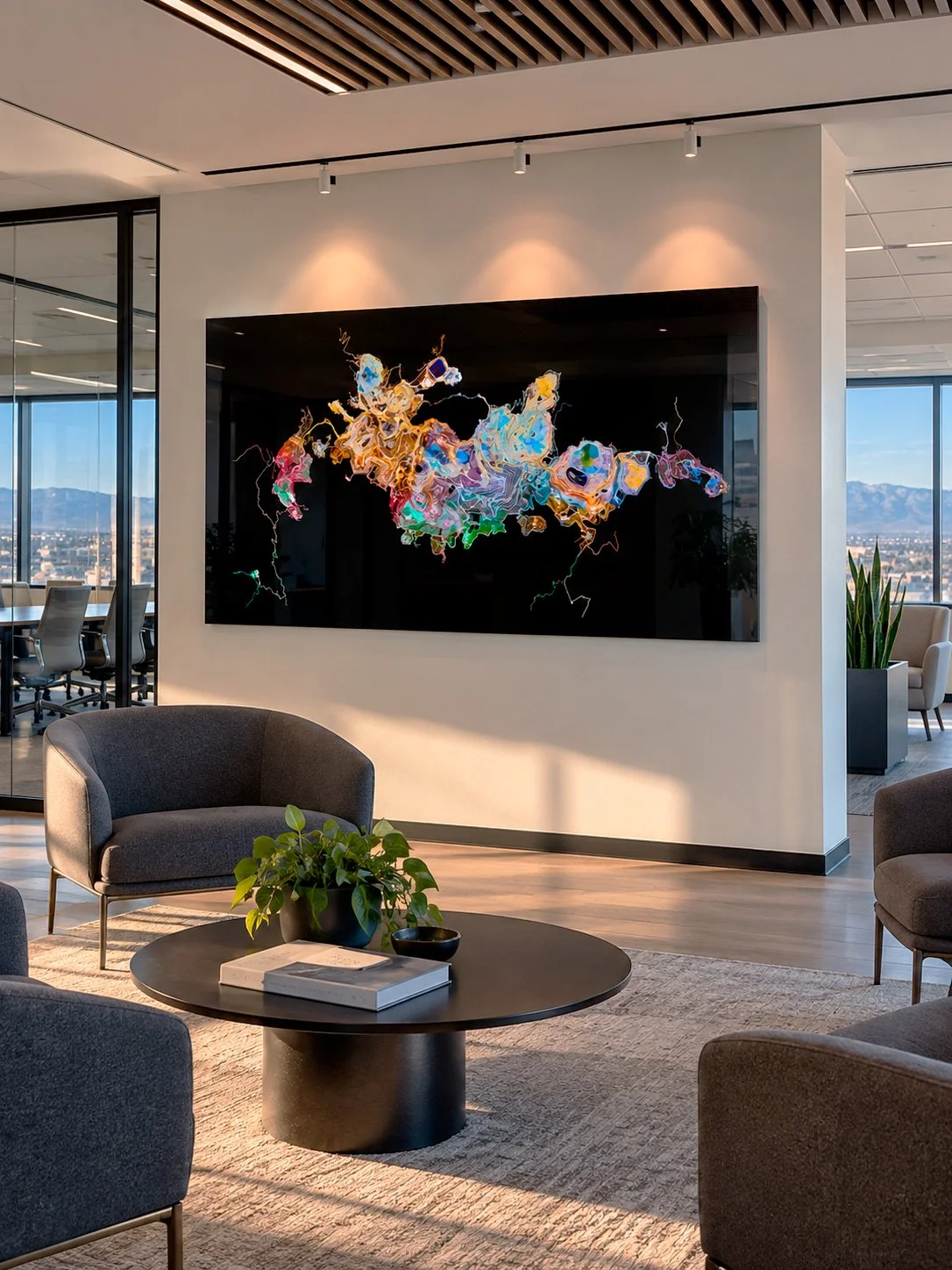 Modern office lounge with gray chairs around a round black coffee table, a potted plant, and a large colorful abstract digital art on the wall, with a city view outside the windows.