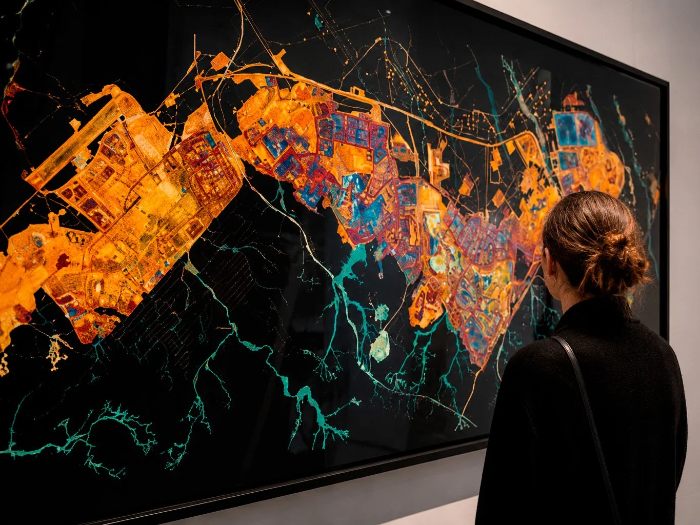 A woman with brown hair tied in a bun observes a colorful, detailed map or artwork displayed on a black background.