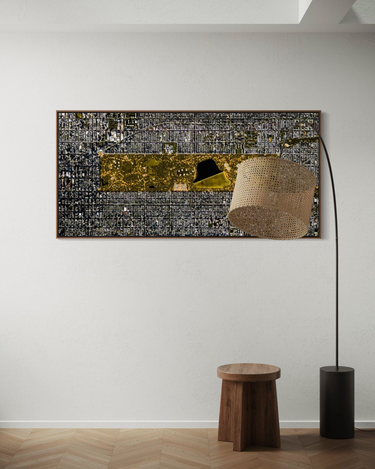 A satellite fine art view of Central Park by Federico Winer, where Manhattan’s dense urban grid and the park’s open geometry become a striking contemporary composition.