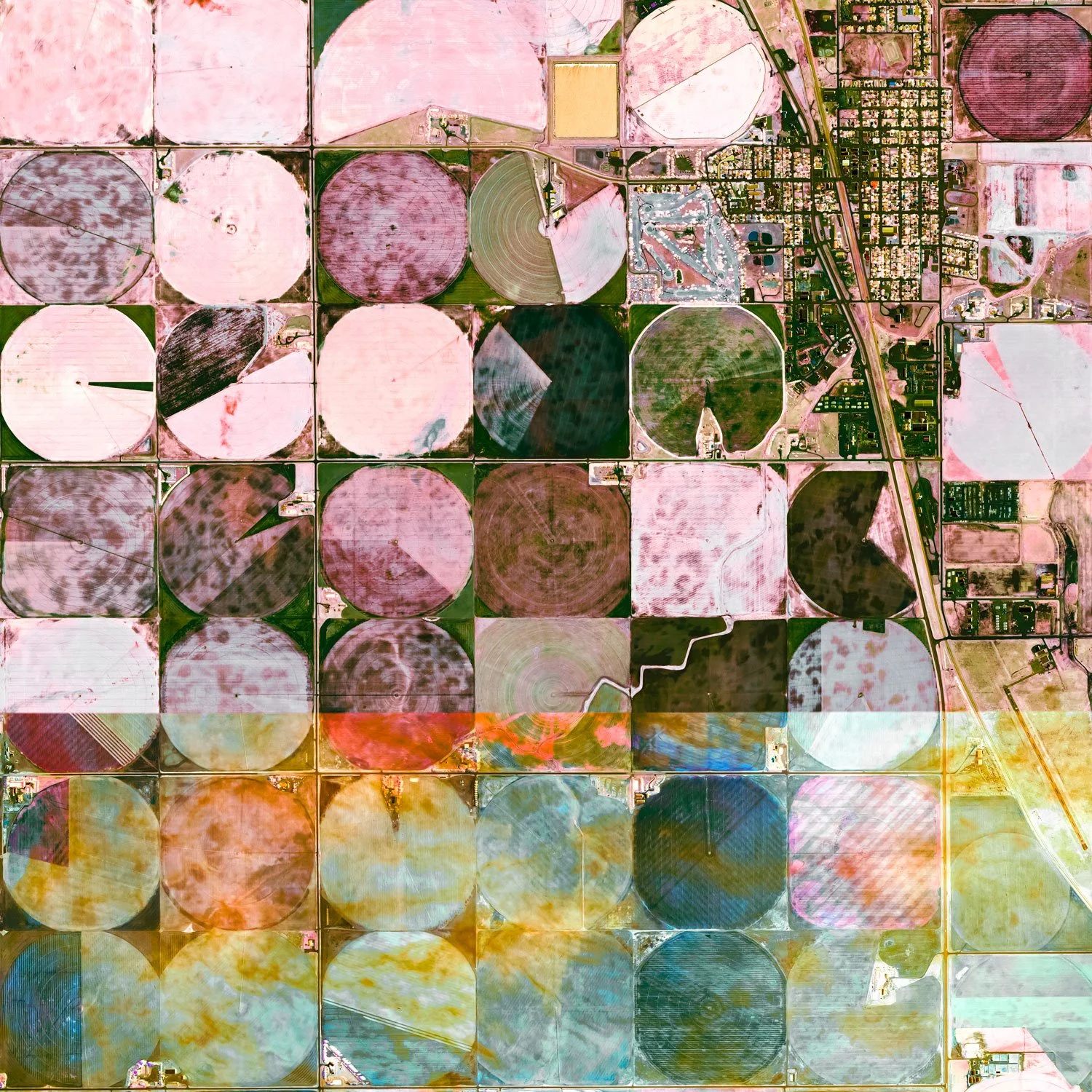 Close-up detail of Ultradistancia Burdett revealing large circular pivot fields, gridded agricultural parcels, and soft pink, mauve, olive, and cream tones.