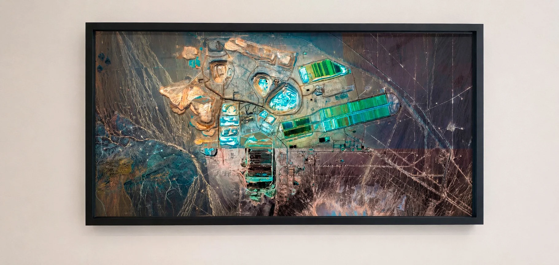 An abstract aerial view of a landscape with colorful geometric patterns, roads, and fields.