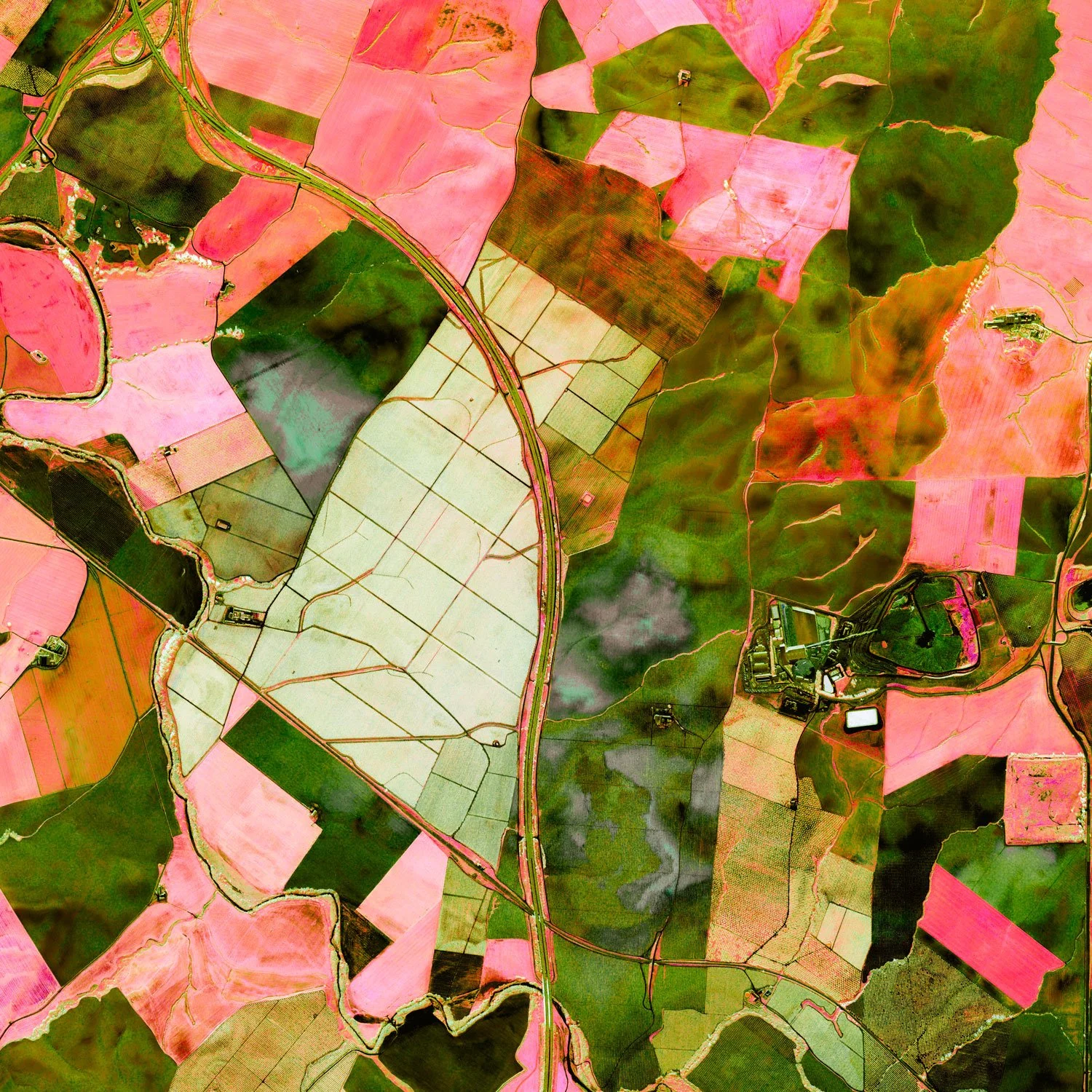 High-resolution satellite view of agricultural fields in Córdoba, Andalusia, Spain, showing irregular plots in pink, green, and earthy tones forming an organic patchwork landscape with roads and natural boundaries.