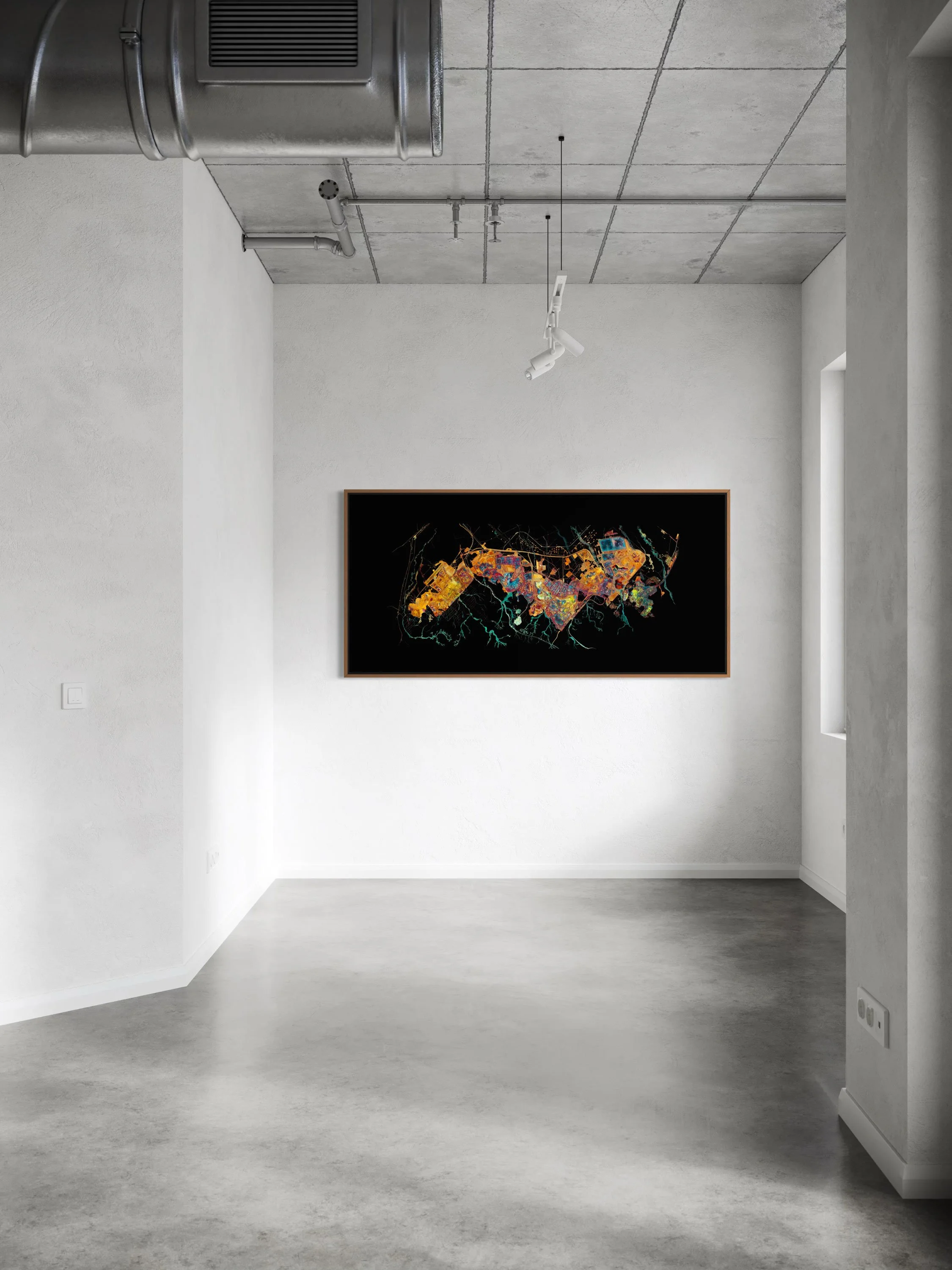Modern living room with white wall, abstract map art on black background, minimalist chair, and vintage pottery on concrete stand.