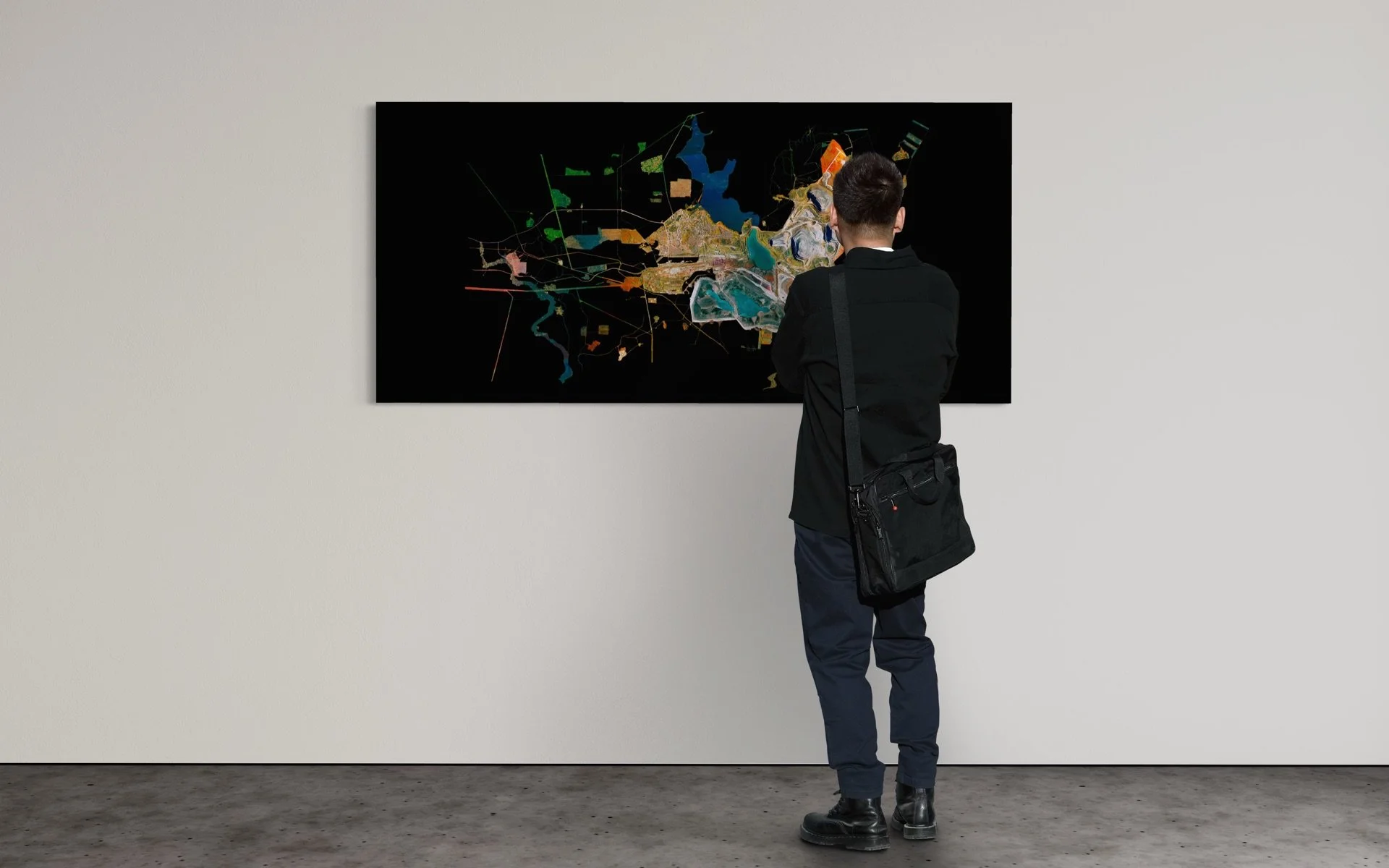 Ultradistancia Gusevogoroskoye Mine by Federico Winer is a large-format satellite fine art work that transforms the mine into a luminous abstract landscape of turquoise water, mineral roads, exposed earth, and engineered geometry.