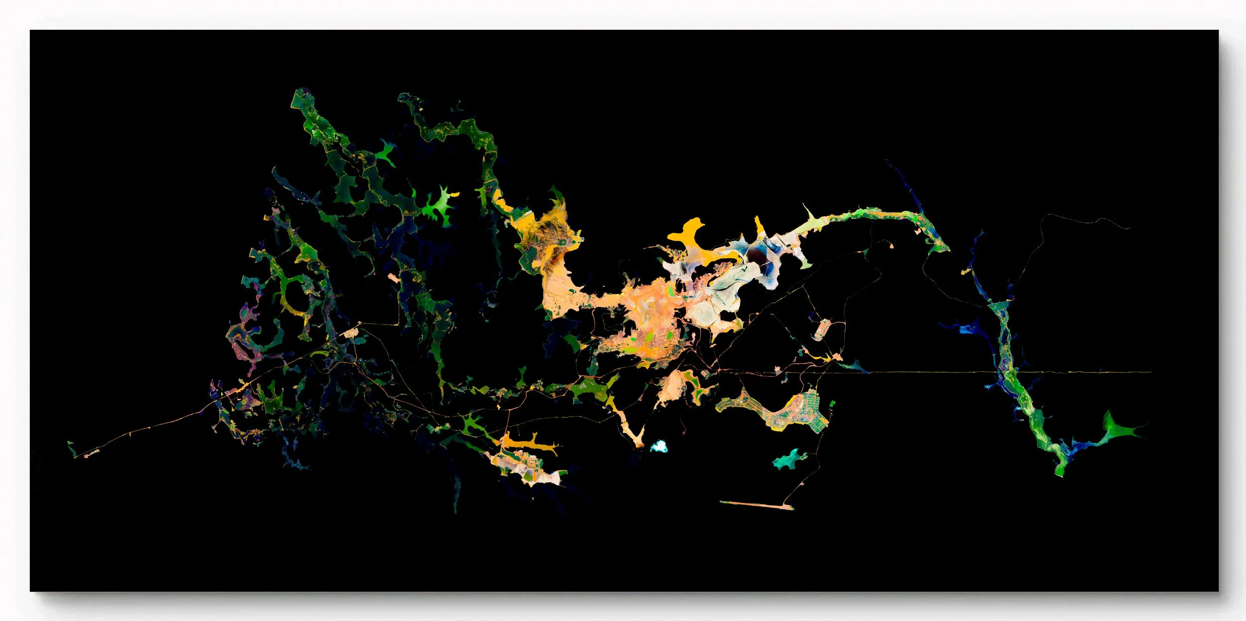 A digital map showing terrain features with colorful, abstract patterns on a black background.