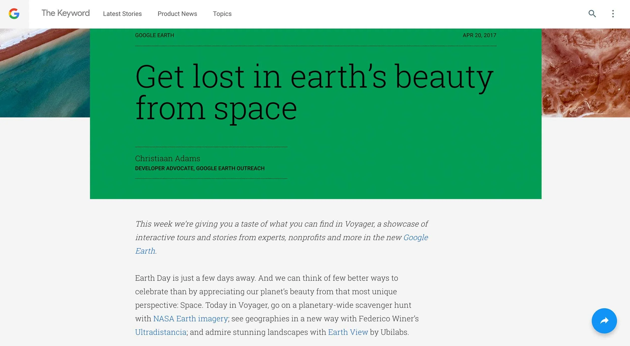 Screenshot of a webpage titled "Get lost in earth's beauty from space" with a green overlay, showing part of satellite images of Earth's surface on the sides and text in the center and below.