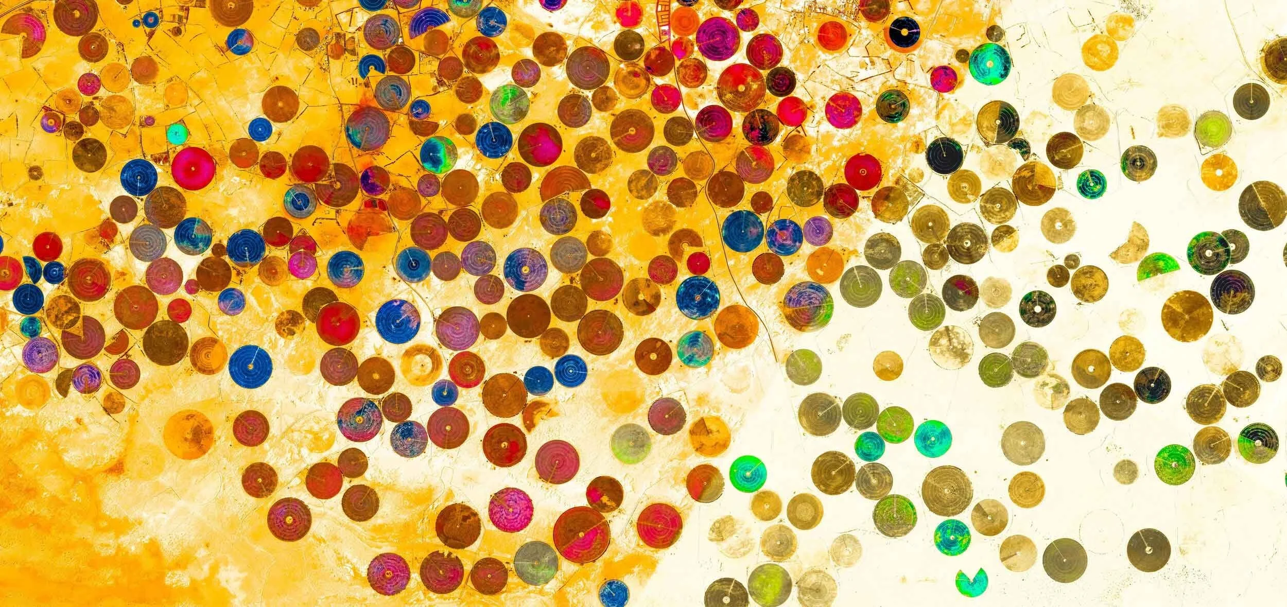 A colorful abstract artwork featuring numerous small, circular elements in various colors including red, blue, purple, green, and gold, set against a vibrant yellow background.