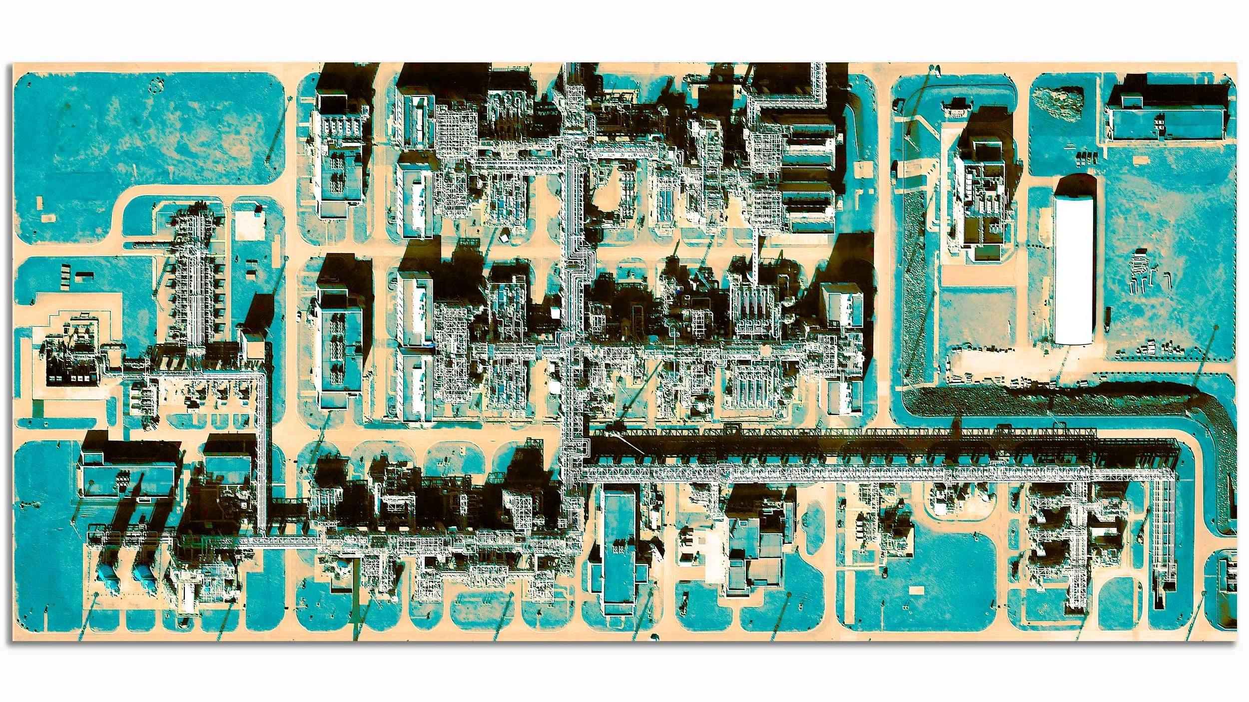 An aerial view of a large, complex industrial or technological facility with various buildings, tanks, and infrastructure, with blue and black color tones.