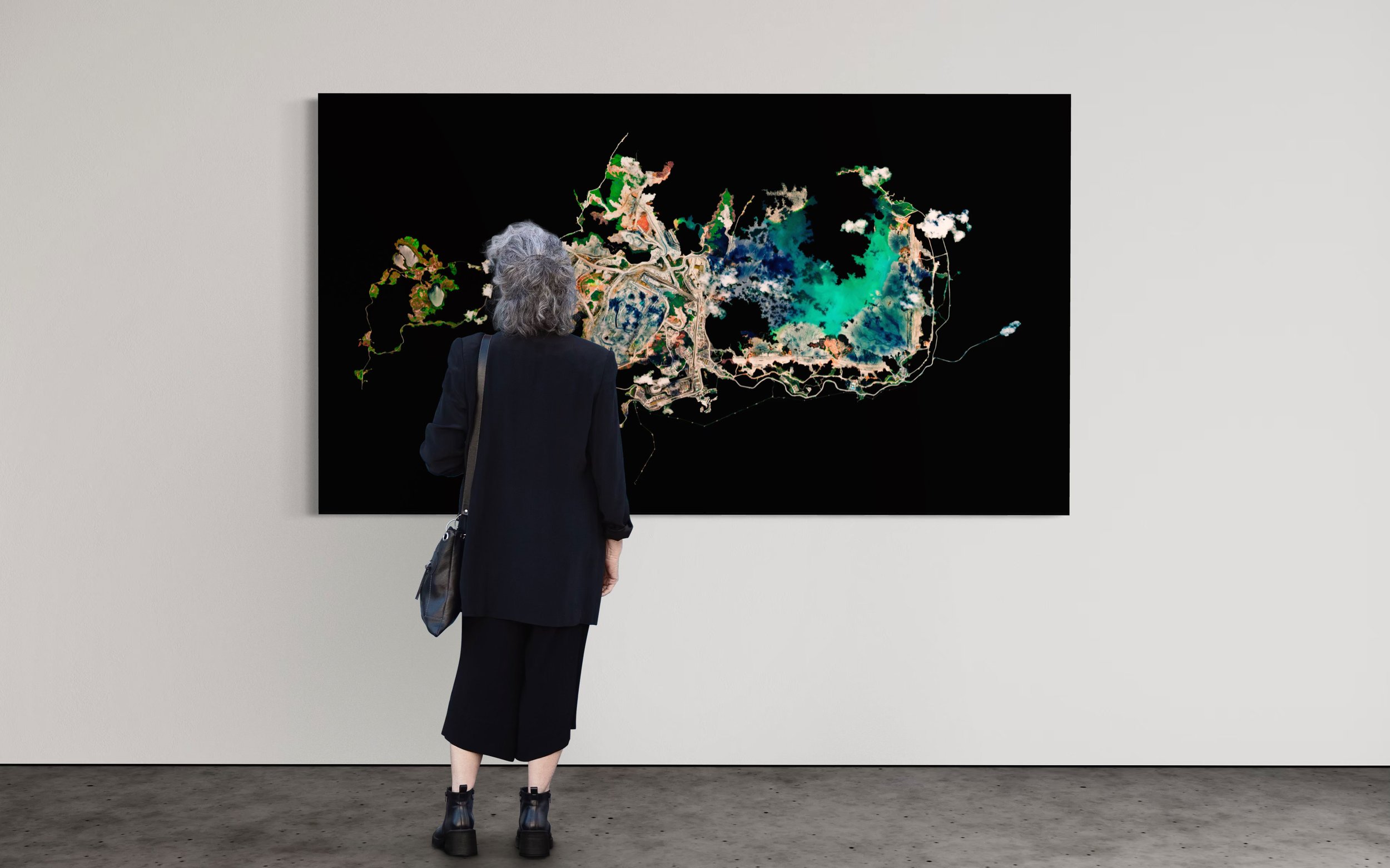 Cobre Panama Mine Ultradistancia Satellite fine art photography installed in museum with woman