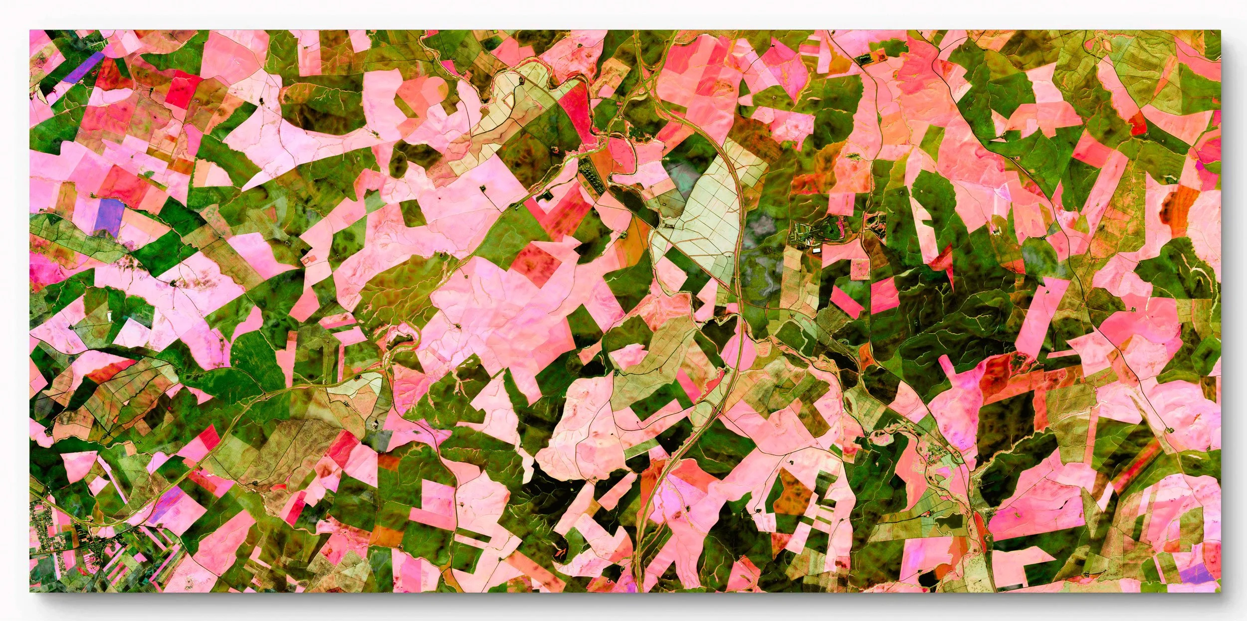A cultivated landscape unfolds as a fragmented tapestry of color. In Córdoba, Andalusia, agricultural plots dissolve into a vibrant composition where cultivation, terrain, and time merge into a continuous visual field.
