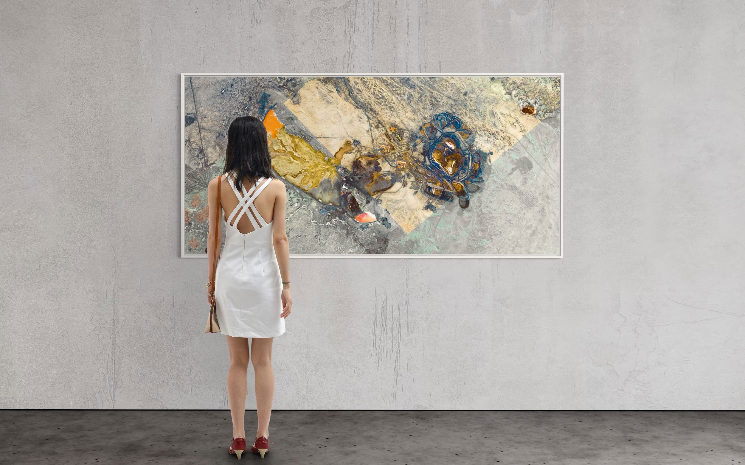 Ultradistancia Aktogay Mine Artwork installed in museum with lady in white dress