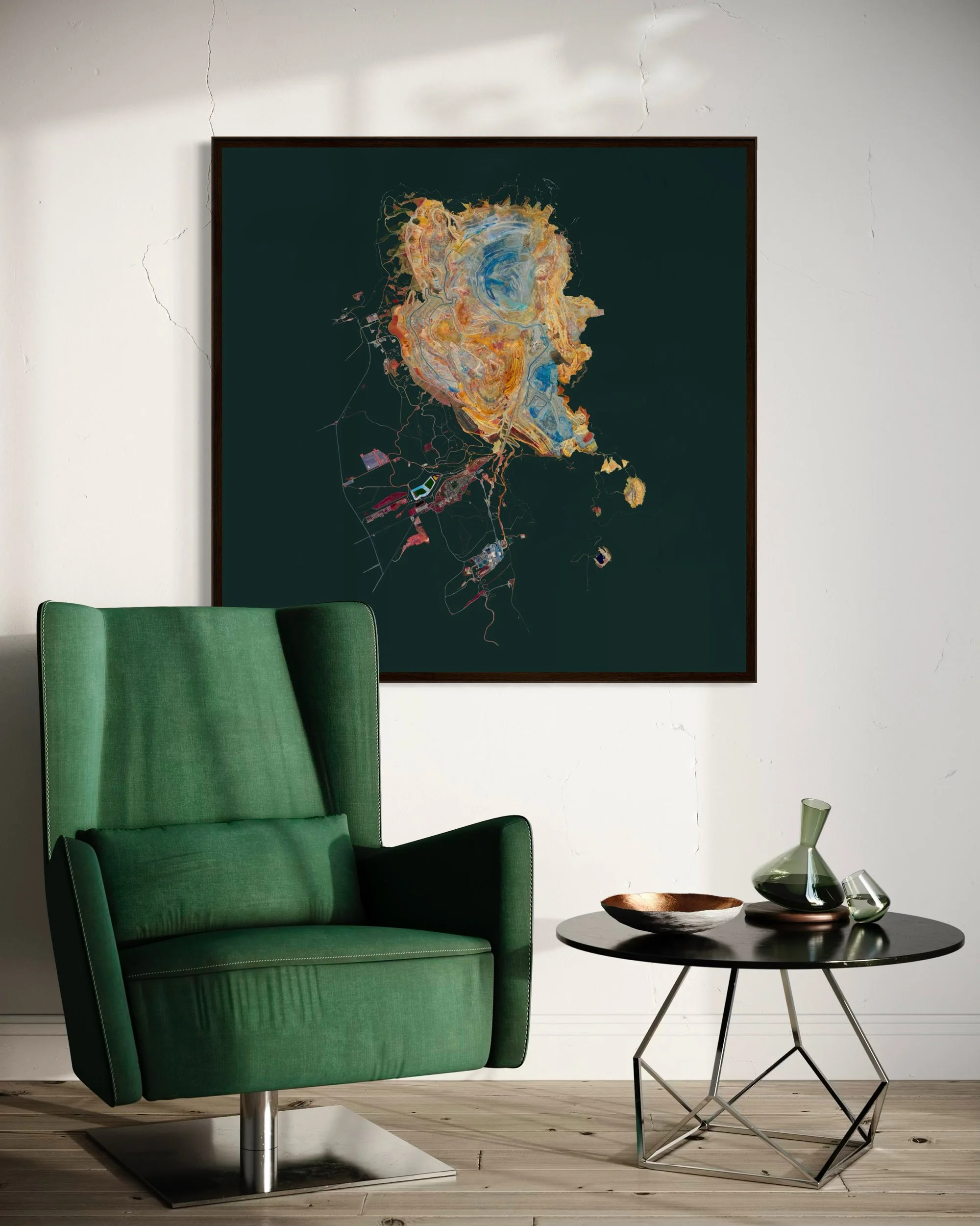 Bingham Canyon Mine is a limited-edition satellite fine art artwork by Federico Winer, transforming one of the world’s largest open-pit copper mines into an abstract, museum-quality composition. installed in living room