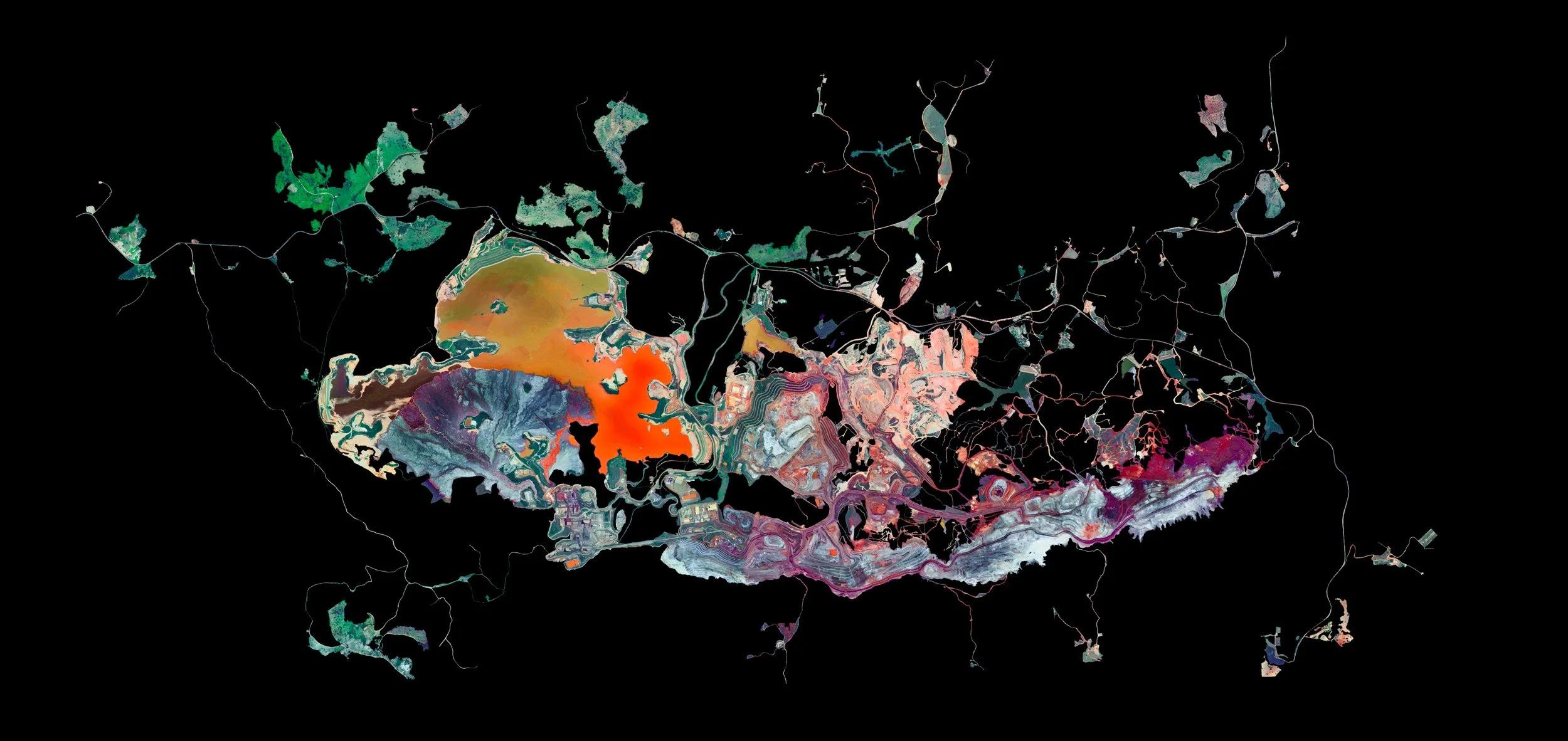 Abstract colorful digital landscape with black background, depicting terrain, water, and roads in a surreal, artistic style.