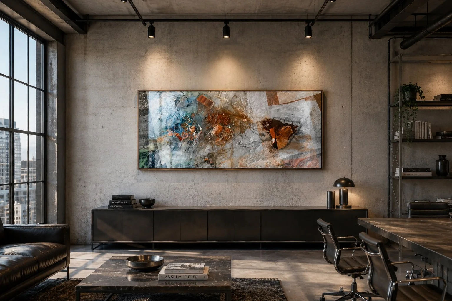 Modern industrial-style living room with large abstract artwork on the wall, black furniture, and a marble coffee table.
