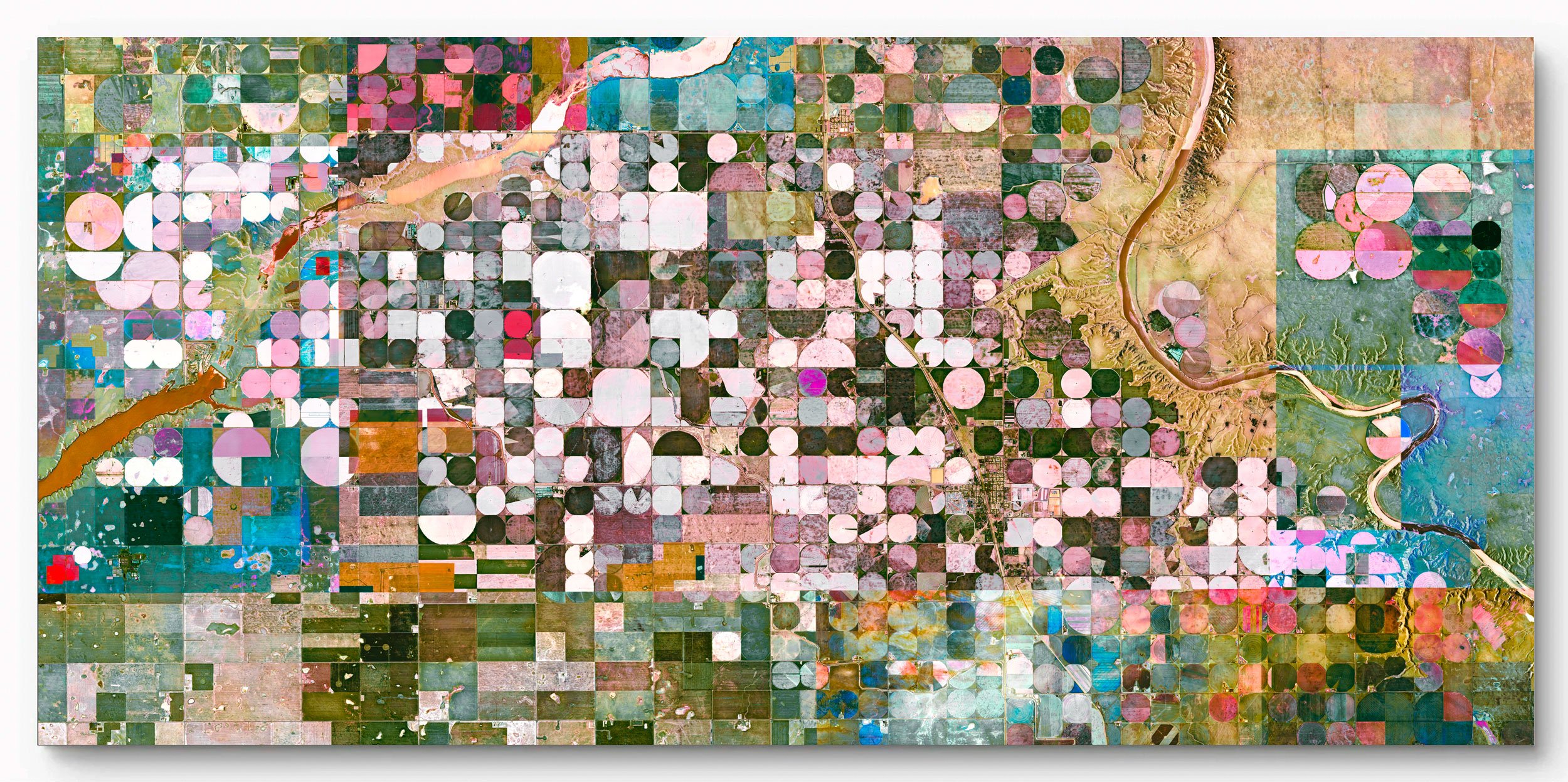 Satellite fine art image of Burdett, Alberta, Canada, showing circular irrigation fields, gridded farmland, and soft pink, green, beige, and turquoise tones in a large-scale geometric composition.