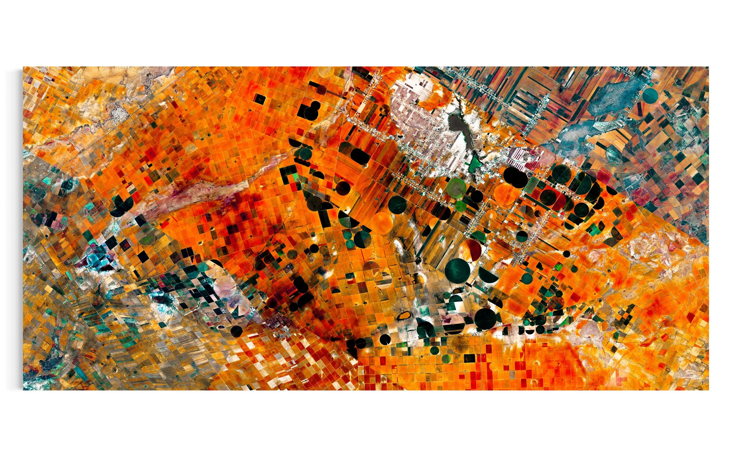 Panoramic satellite fine art image of agricultural fields in Zacatecas, Mexico, with geometric crop patterns, irrigation circles, and vibrant orange, teal, red, and black tones.