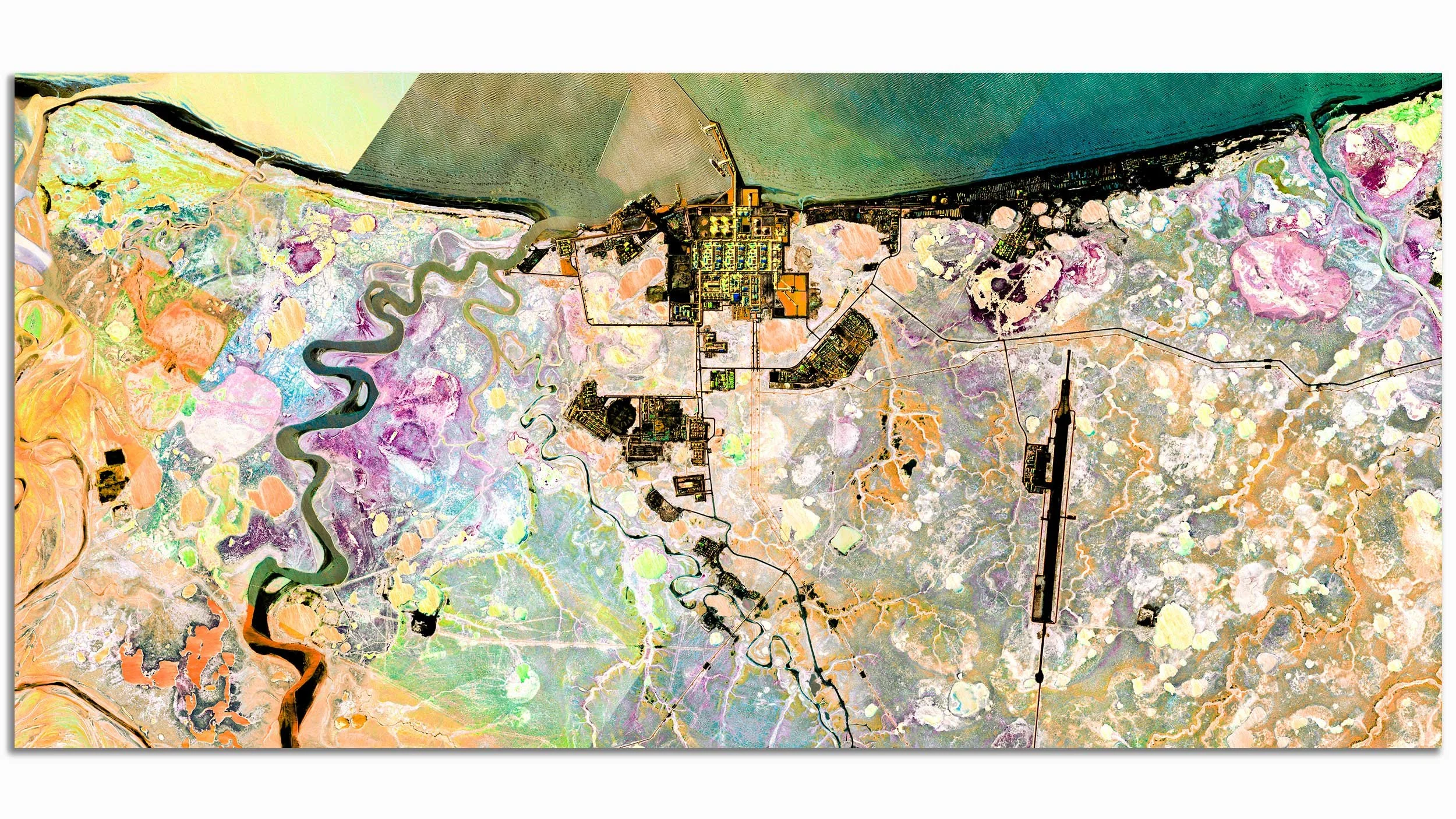 Colorful aerial map showing a large reservoir, winding rivers, roads, and various land features in bright pastel shades.