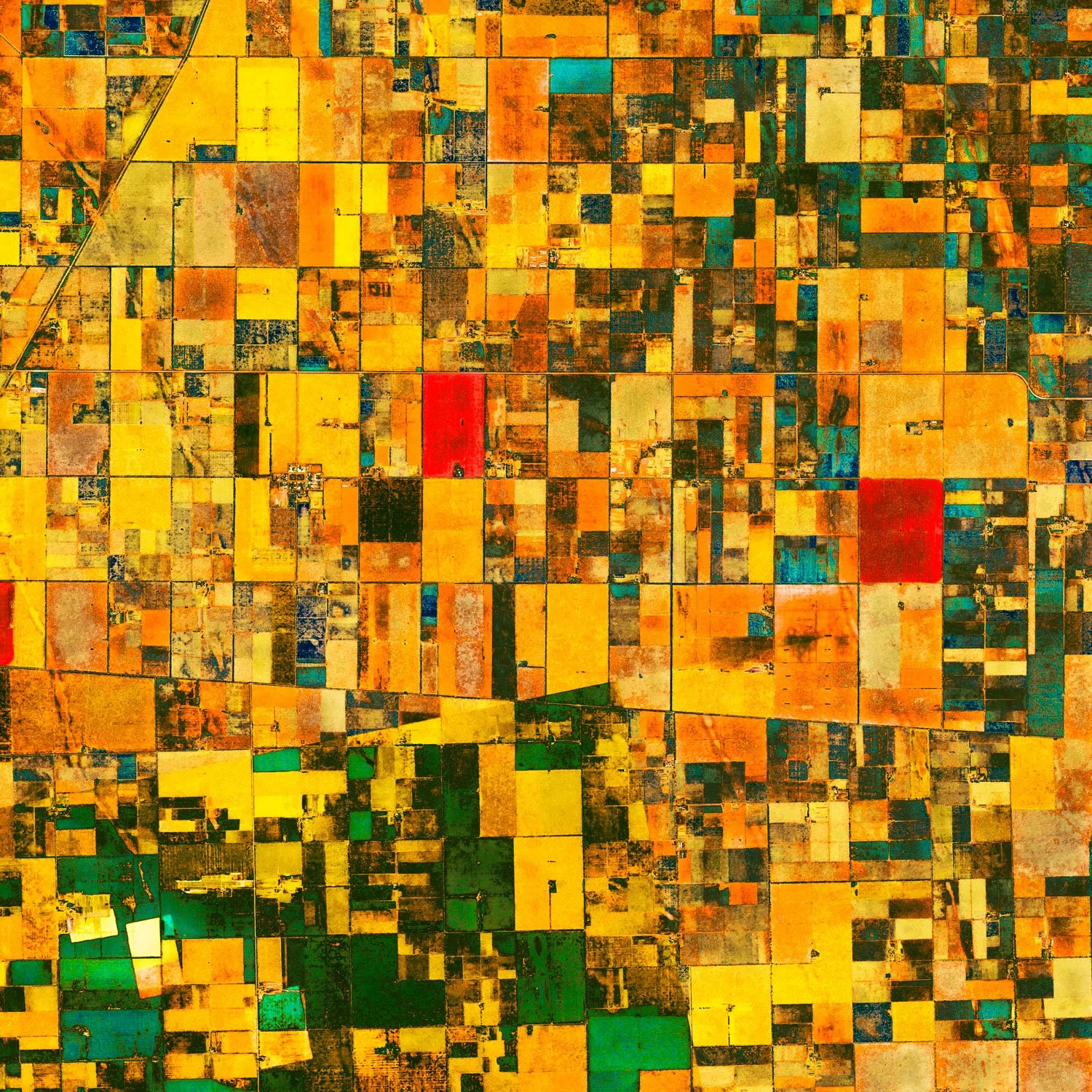 Satellite detail of agricultural land in Vila, Santa Fe, Argentina, showing geometric farmland plots in yellow, orange, green, turquoise, and red tones.