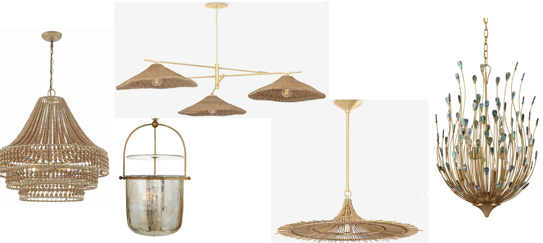 Collection of six different pendant and chandeliers lighting fixtures with natural and gold finishes, with various designs including beaded, woven, and metal elements.