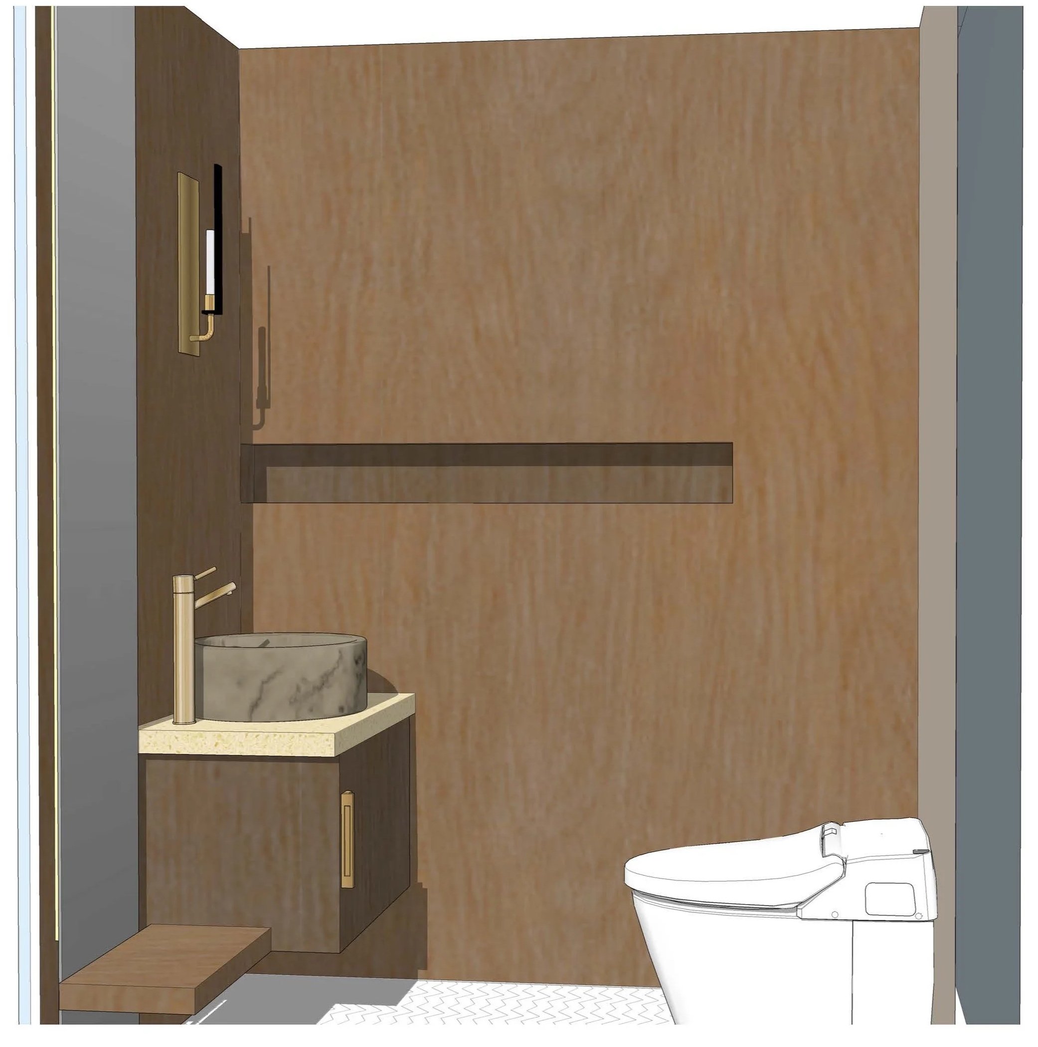 3D model of a bathroom with a wooden wall, a long horizontal 6" height nook, a quartz countertop with a vessel sink and gold fixtures, a full lenght mirror, black and gold sconce, and a toilet.