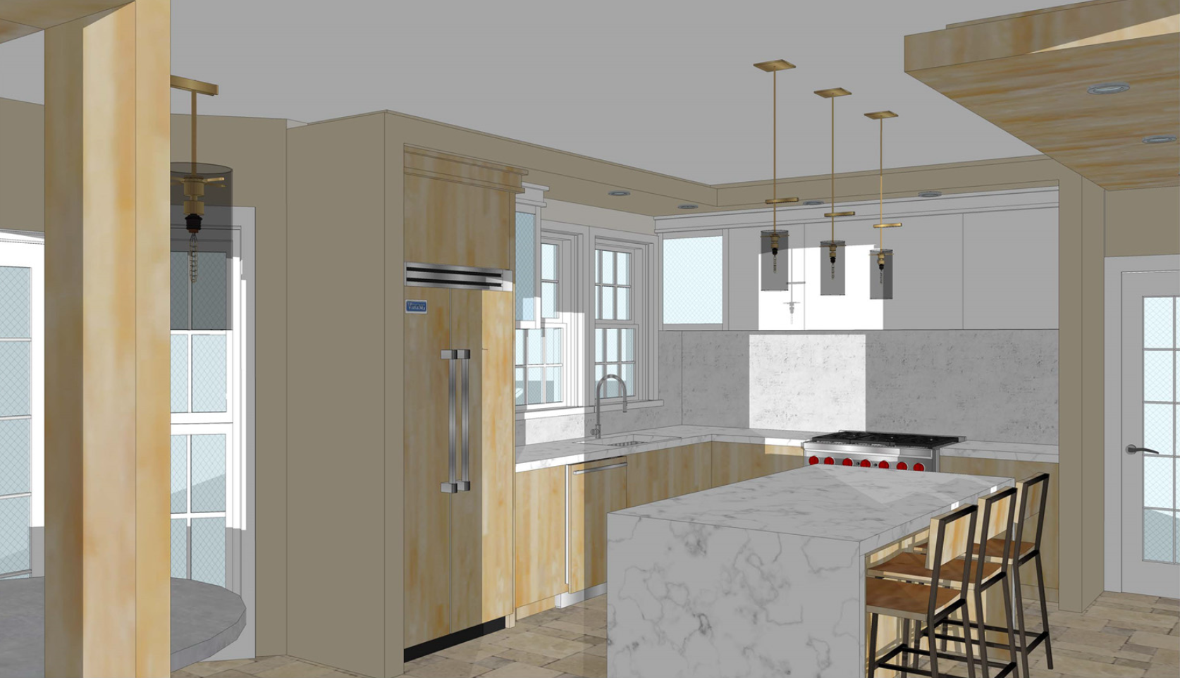 Modern kitchen with quartz island, wooden cabinets, large window, and pendant lighting