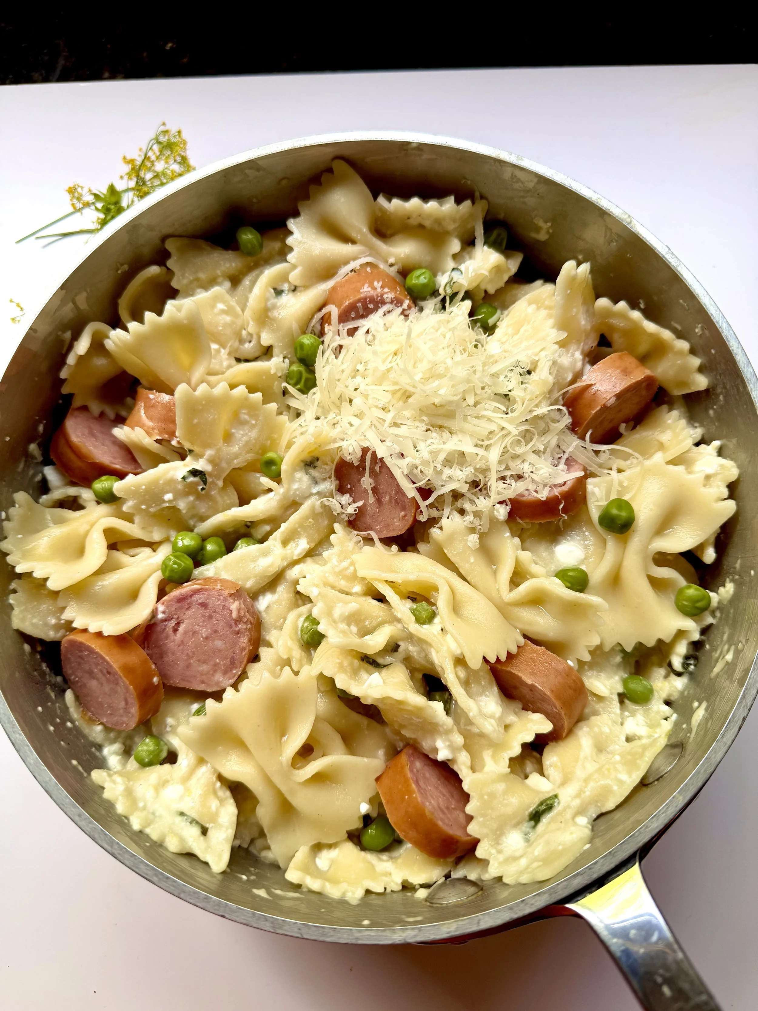 SMOKED SAUSAGE PEAS AND BOW TIE PASTA