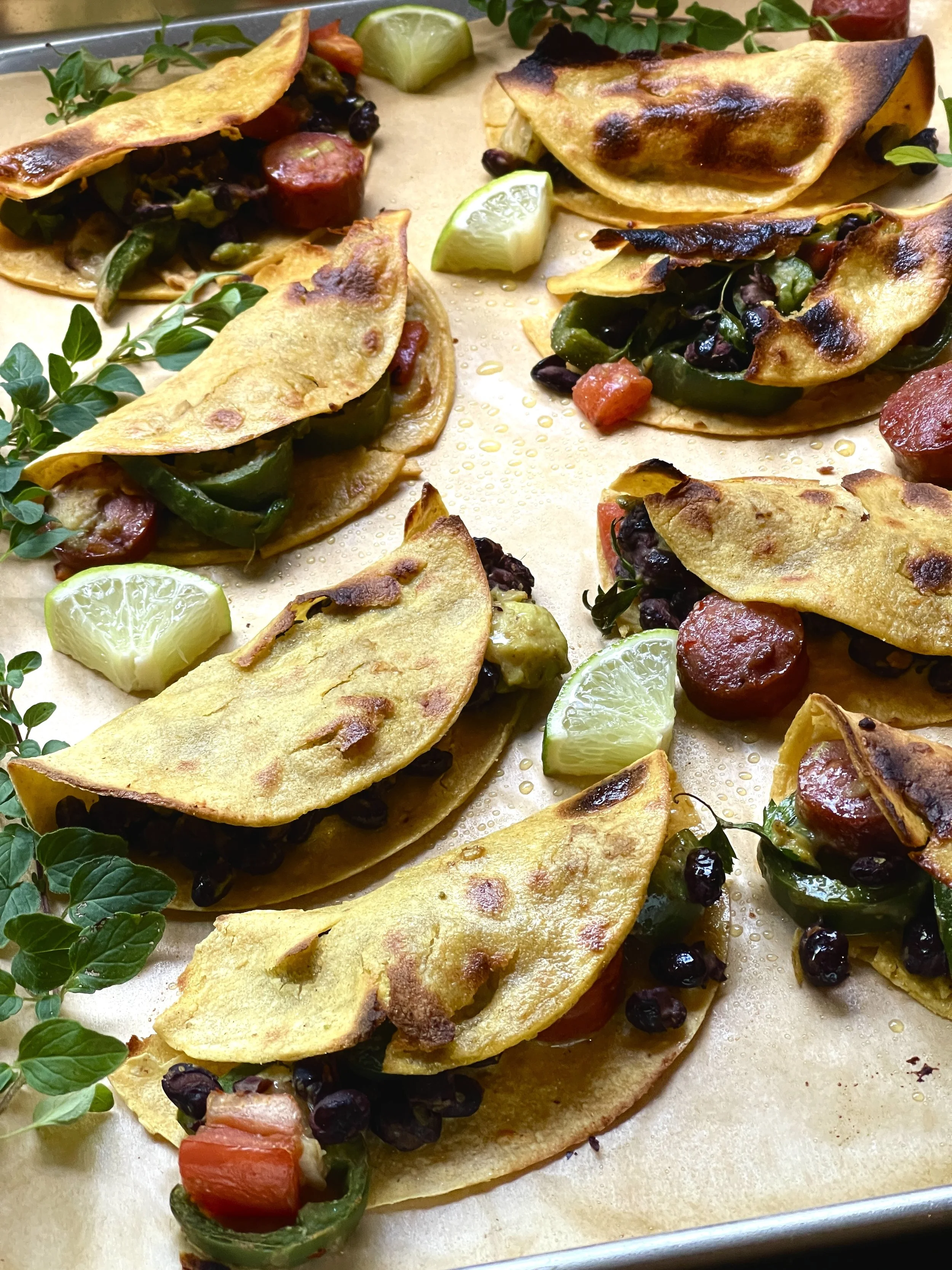 BAKED SMOKED SAUSAGE AND BLACK BEAN TACOS