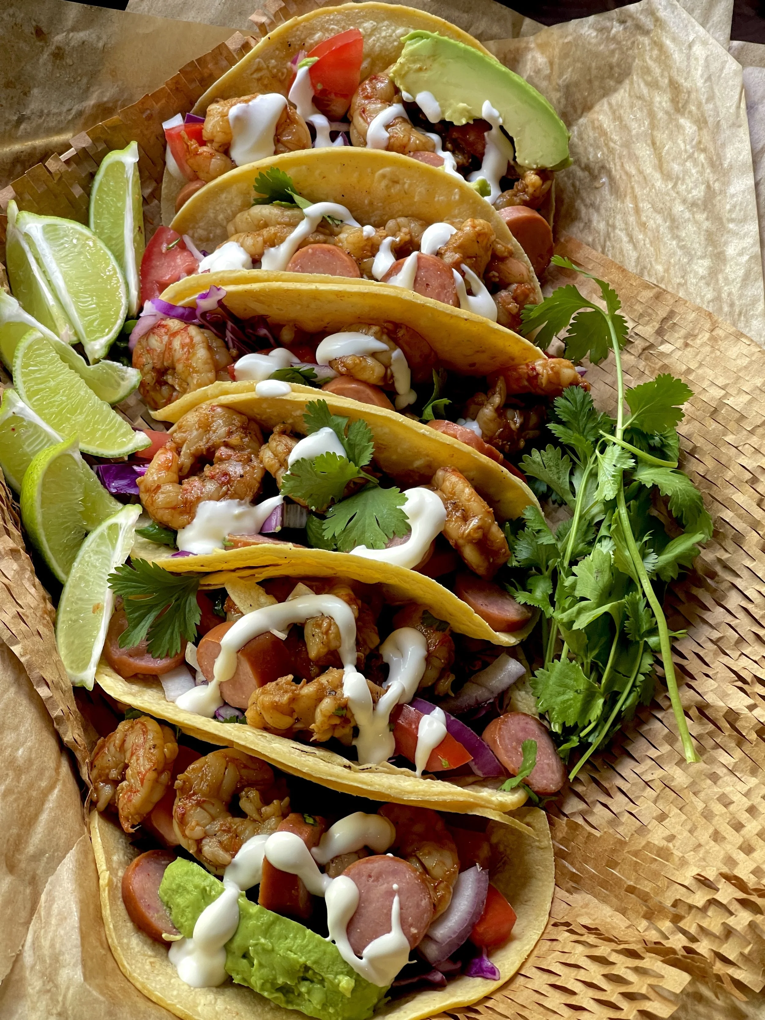 SMOKE SAUSAGE SHRIMP TACOS