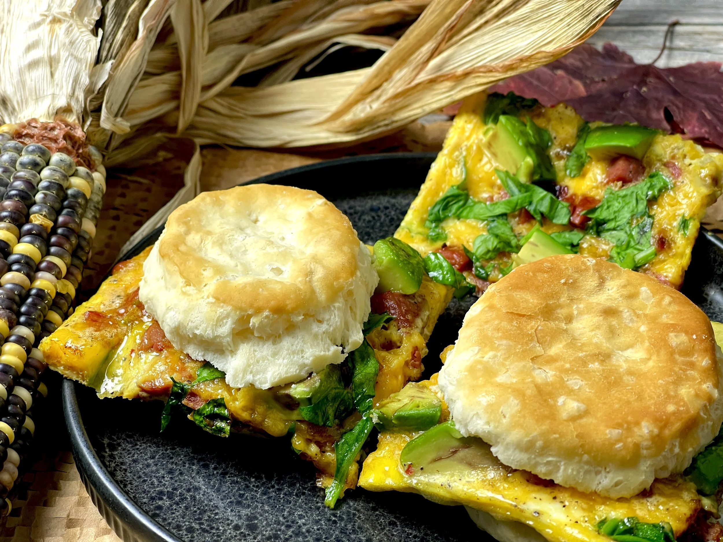 SMOKED SAUSAGE EGG AND AVOCADO BISCUITS