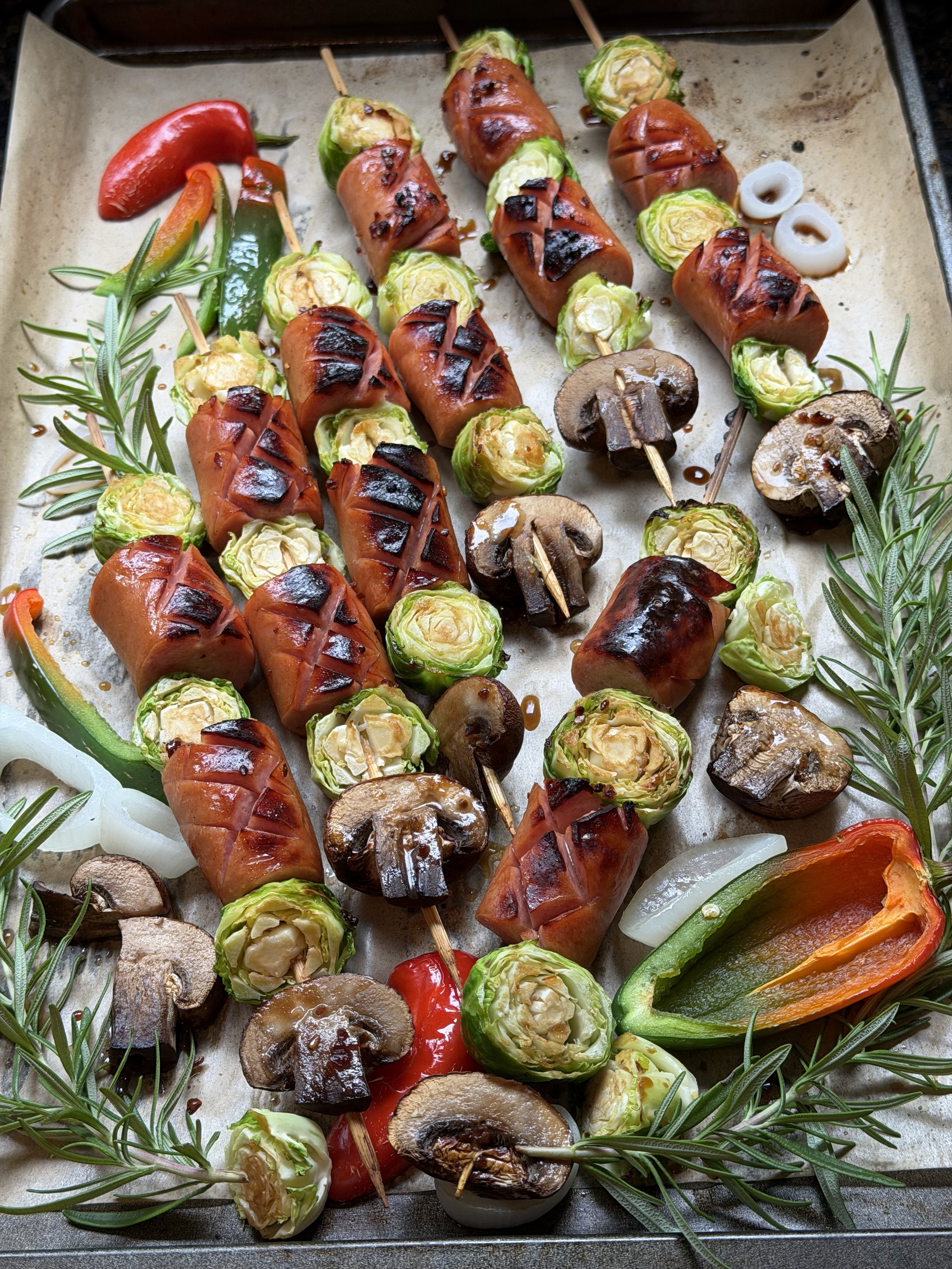 GRILLED BRUSSELS SPROUTS SAUSAGE SKEWERS