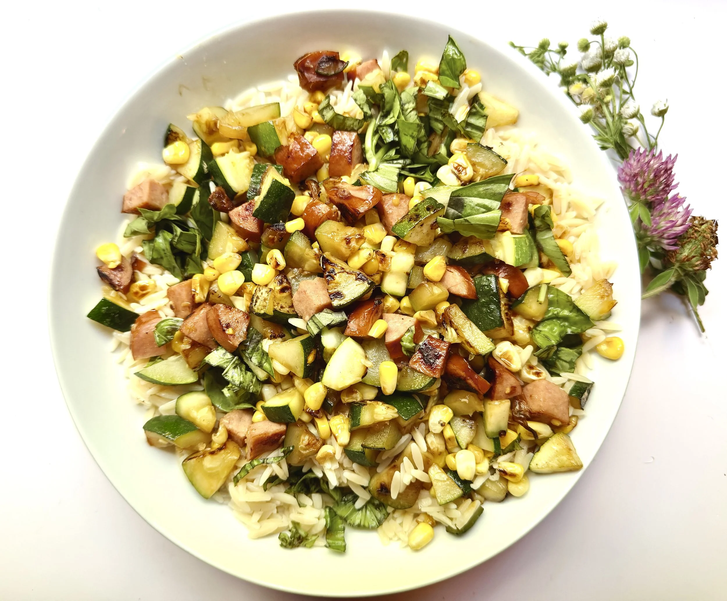 GRILLED SMOKED SAUSAGE ZUCCHINI ORZO SALAD