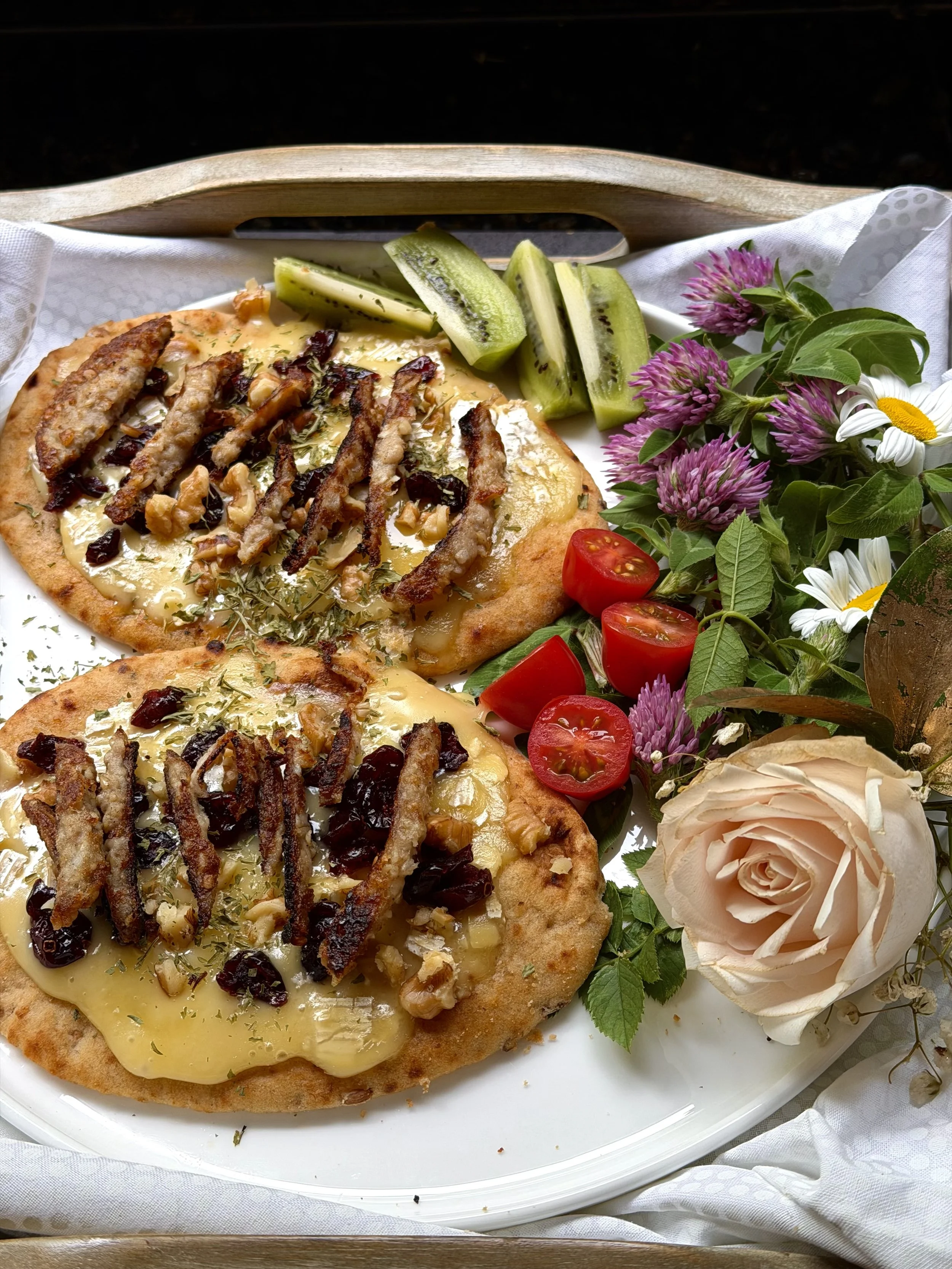 GOETTA FLATBREAD WITH BRIE, CRANBERRIES, WALNUTS, AND HOT HONEY DRIZZLE