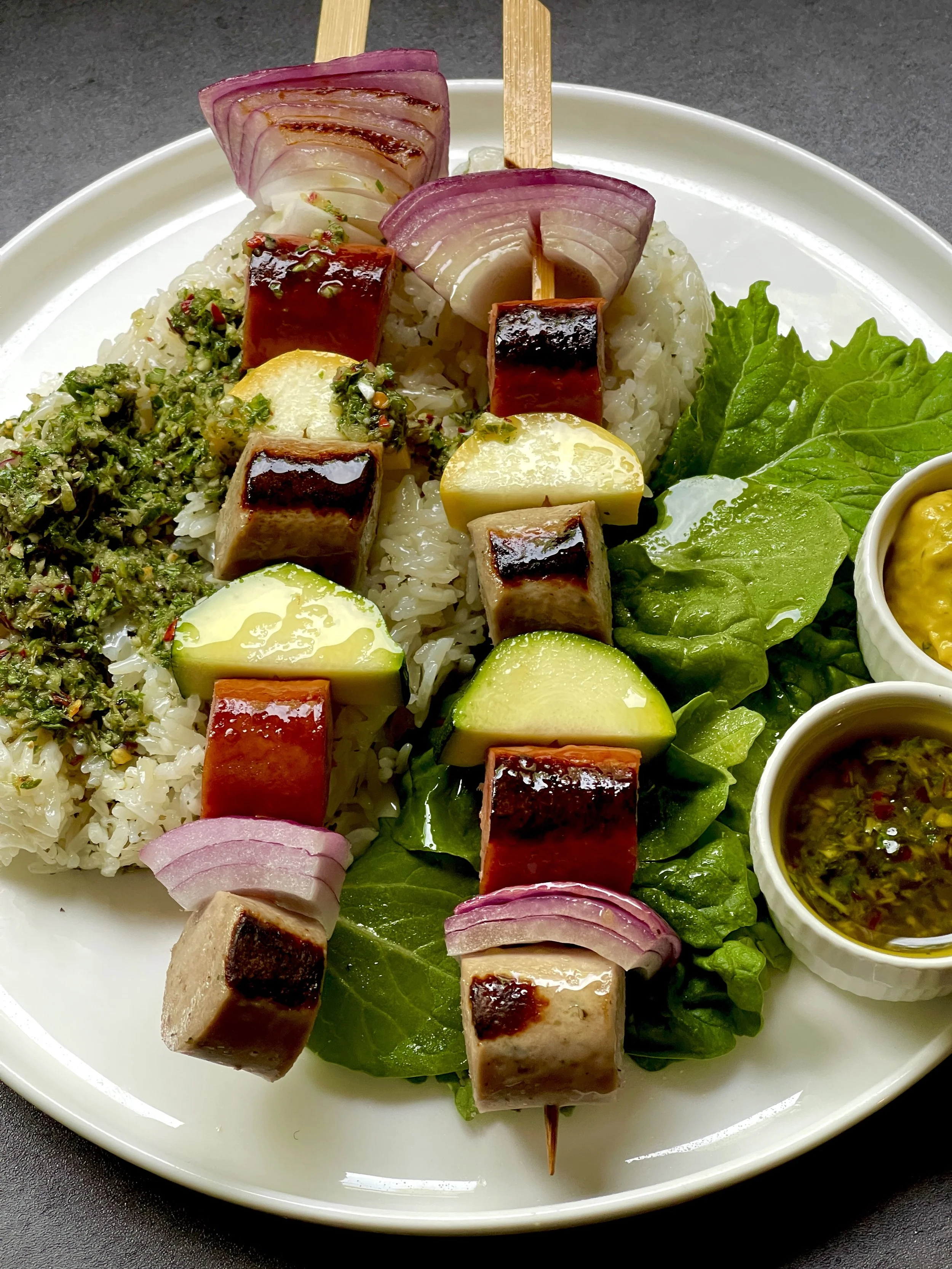 SUMMER SQUASH SMOKED SAUSAGE KEBABS WITH CHIMICHURRI SAUCE