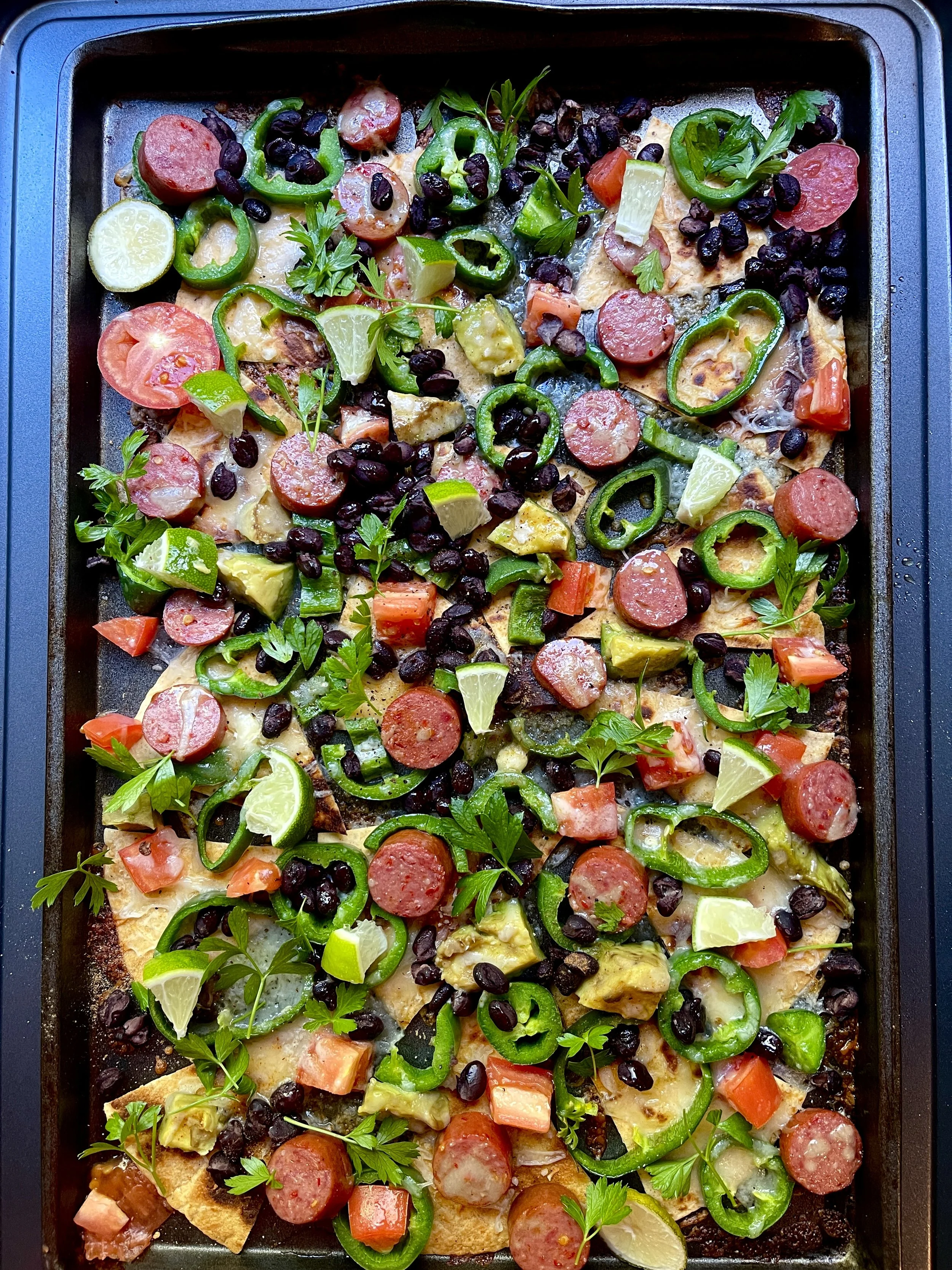 SHEET PAN SMOKED SAUSAGE NACHOS