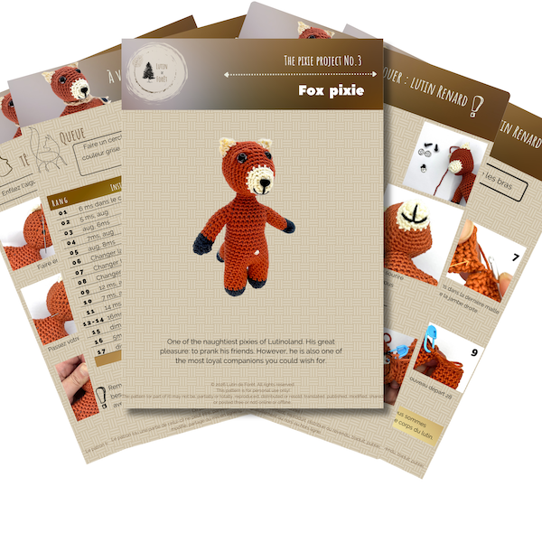 Page de tutoriel pour créer une peluche renard, montrant la poupée en crochet et des instructions étape par étape.