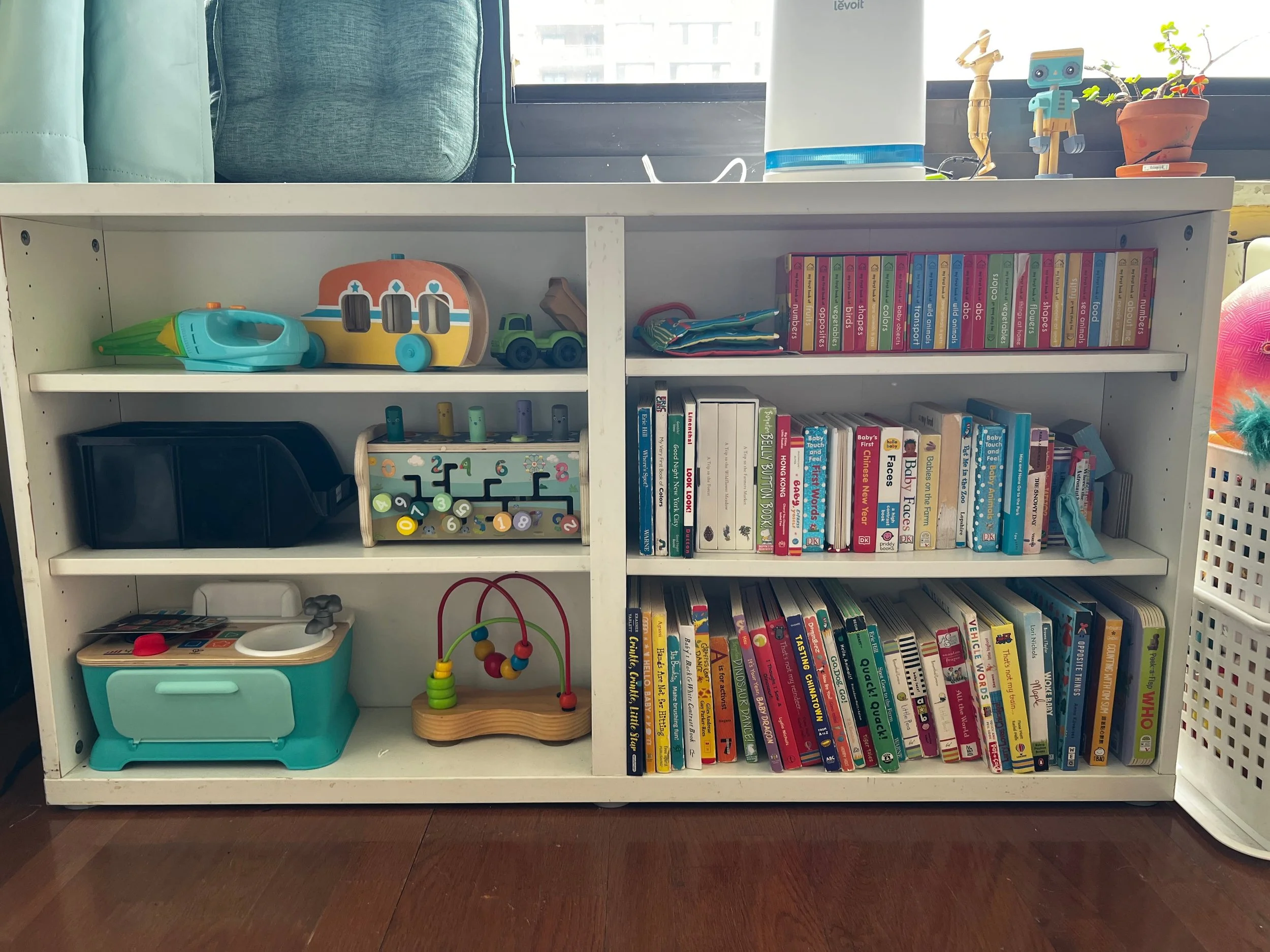 Re-organized kids shelving unit