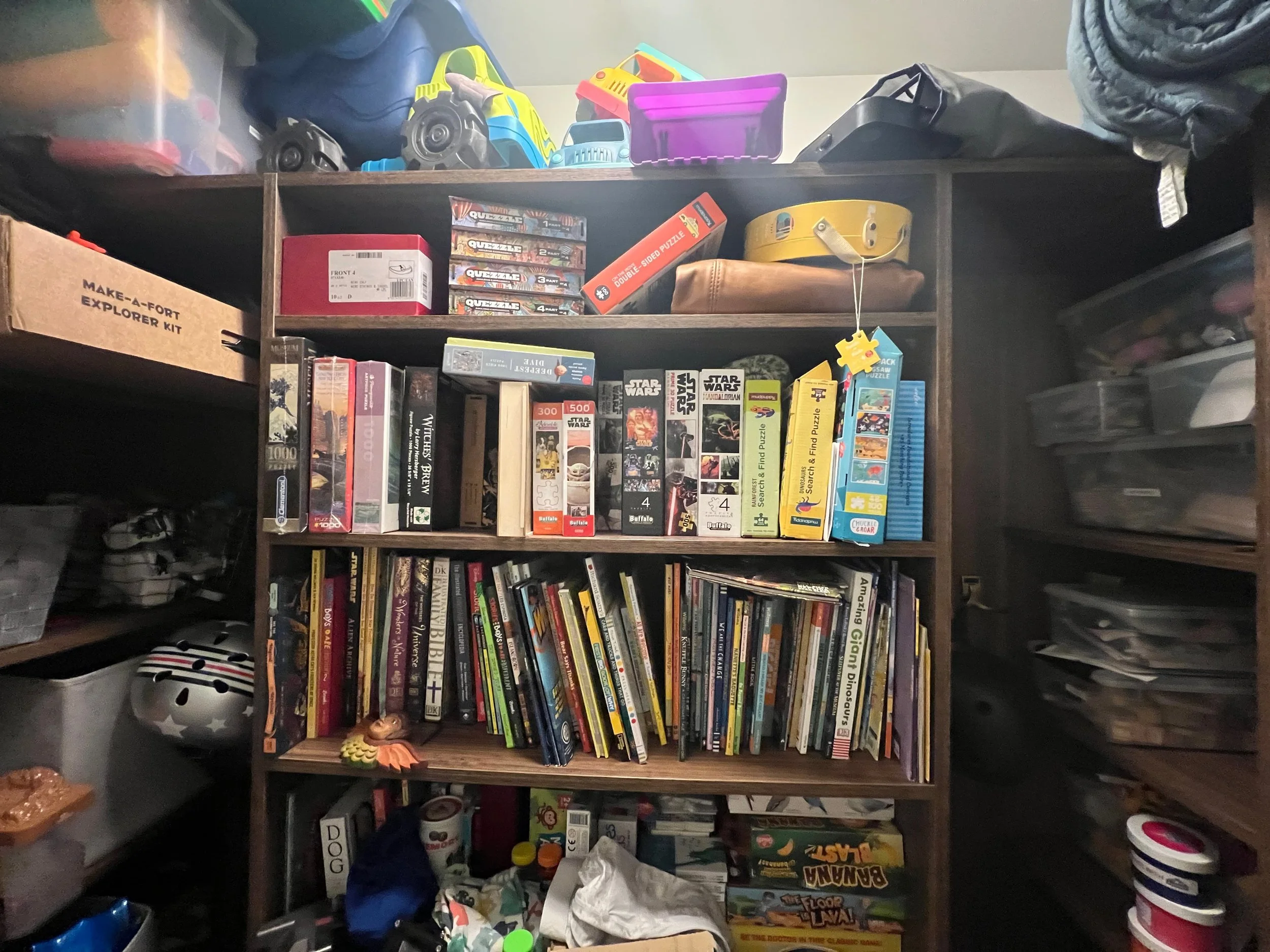 Closet bookshelf overflowing with books, puzzles, and games