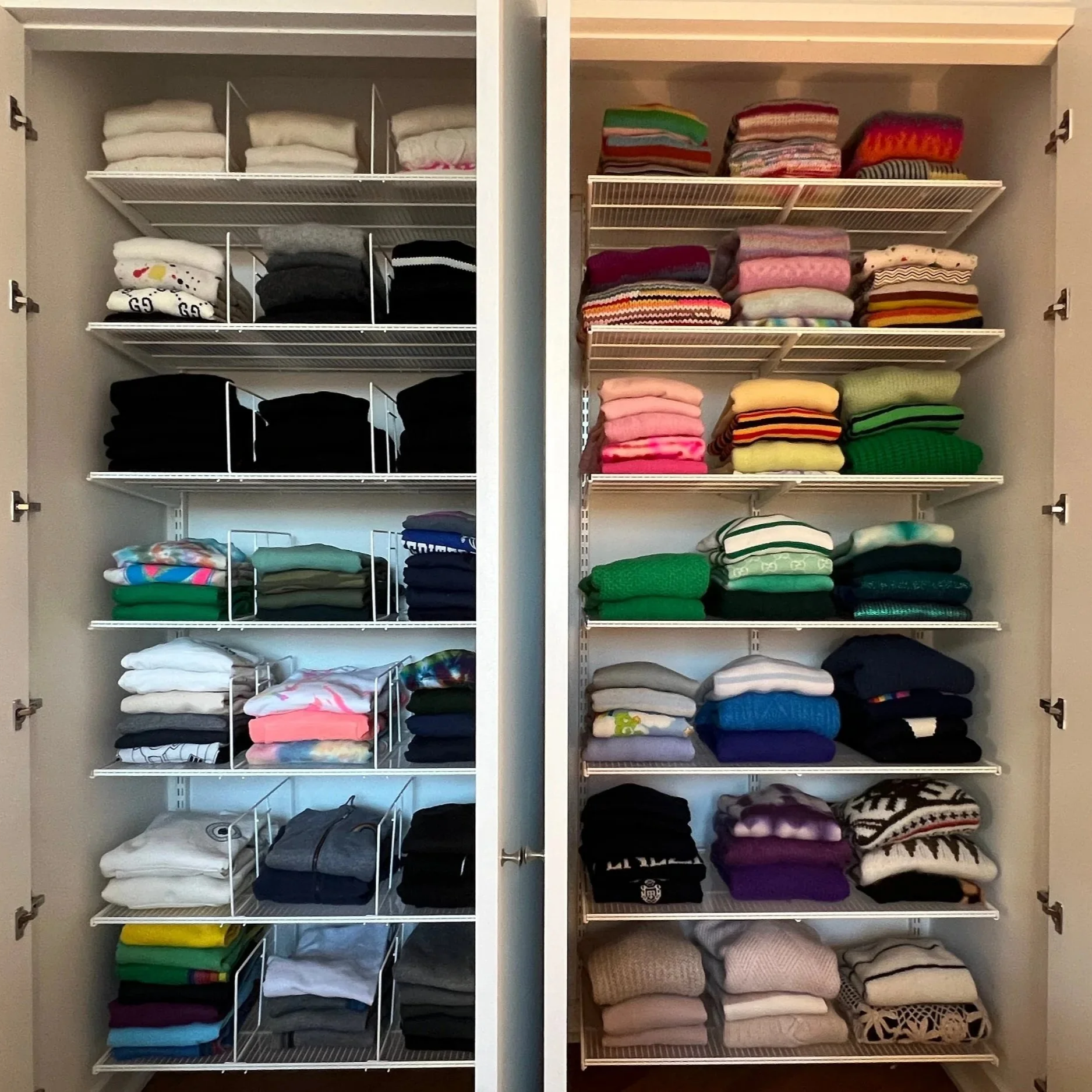 Perfectly spaces clothing racks with folded goods