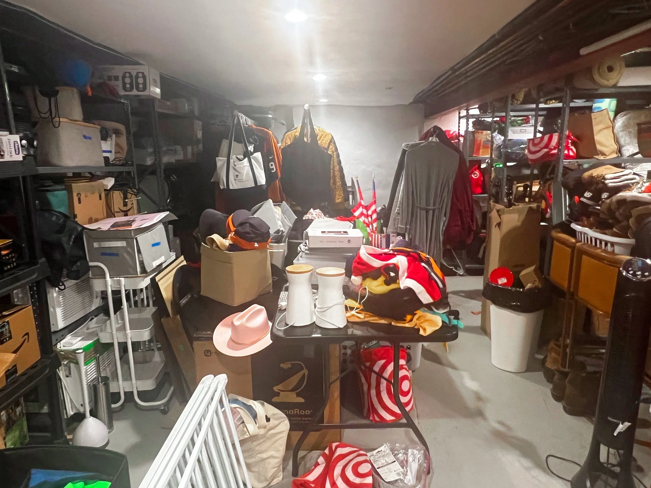 Cluttered basement full of belongings