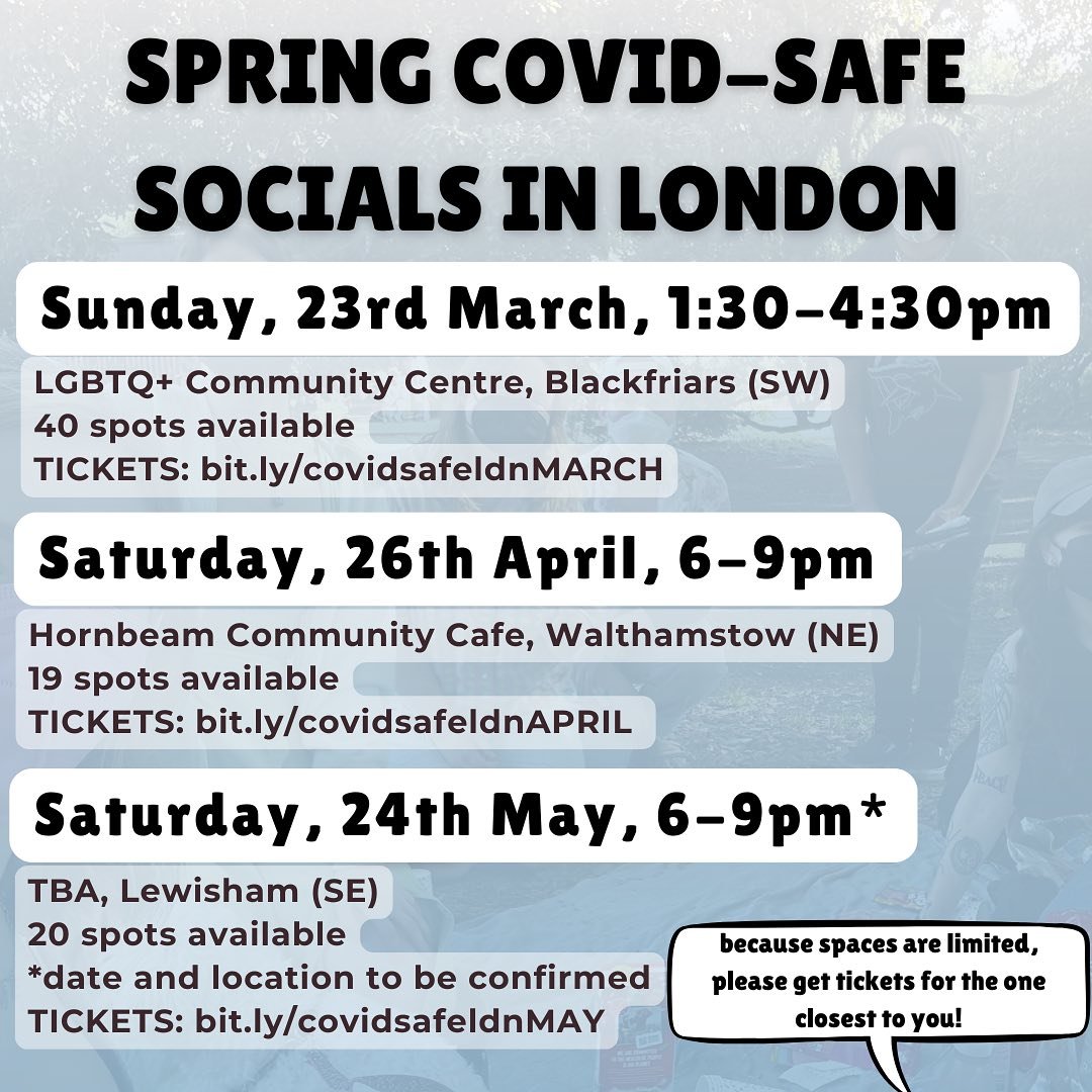 EDIT: Tickets have SOLD OUT! Keep an eye on my page for our soon-to-be-announced summer socials!

MAY SOCIAL LOCATION: Bale House Conington Road London SE13 7GX, 6pm-9pm. More information at bit.ly/covidsafeldnMAY

A MASSIVE THANK YOU to everyone who