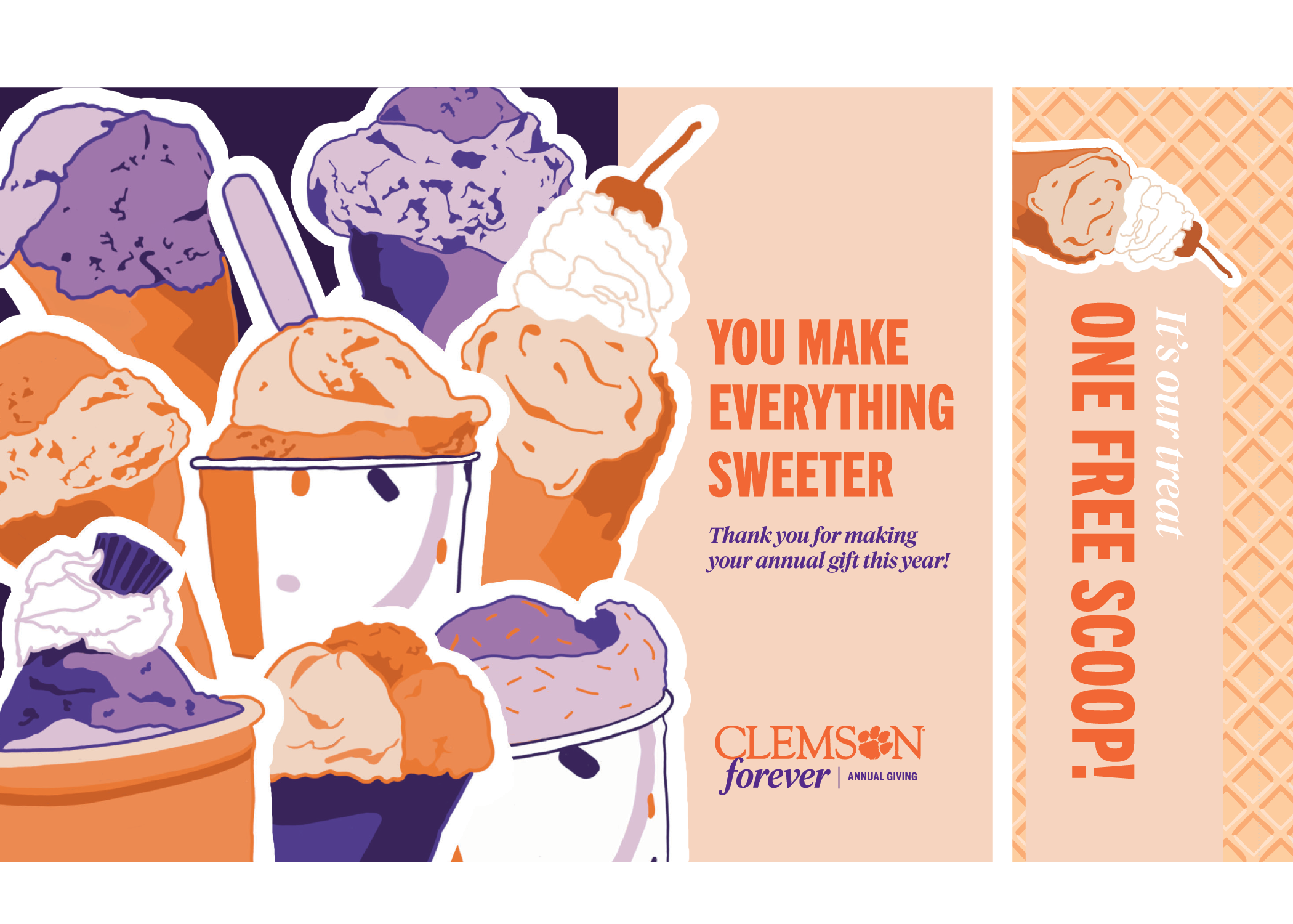 Illustrations of ice cream in cups and cones for a printed solicitation