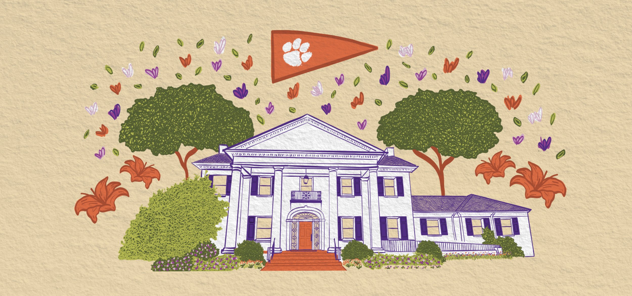Illustration of Clemson's president's house with greenery and a pennant
