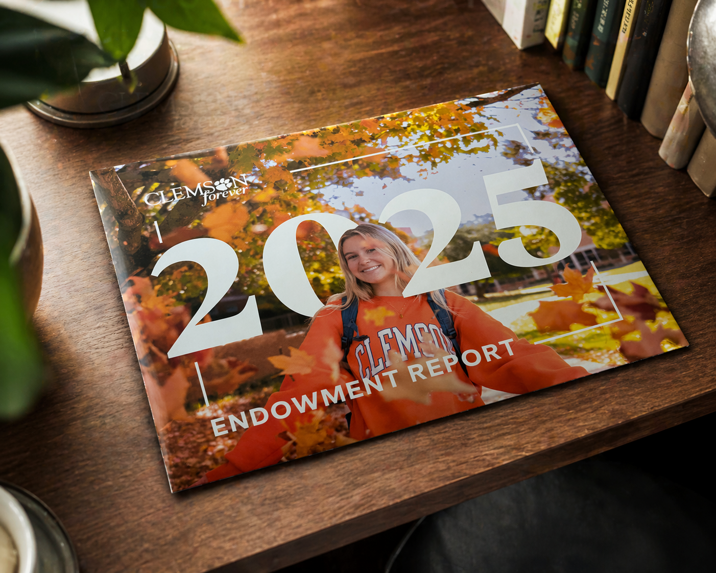 Mailing envelop with girl throwing leaves overlapped by 2025 Endowment Report