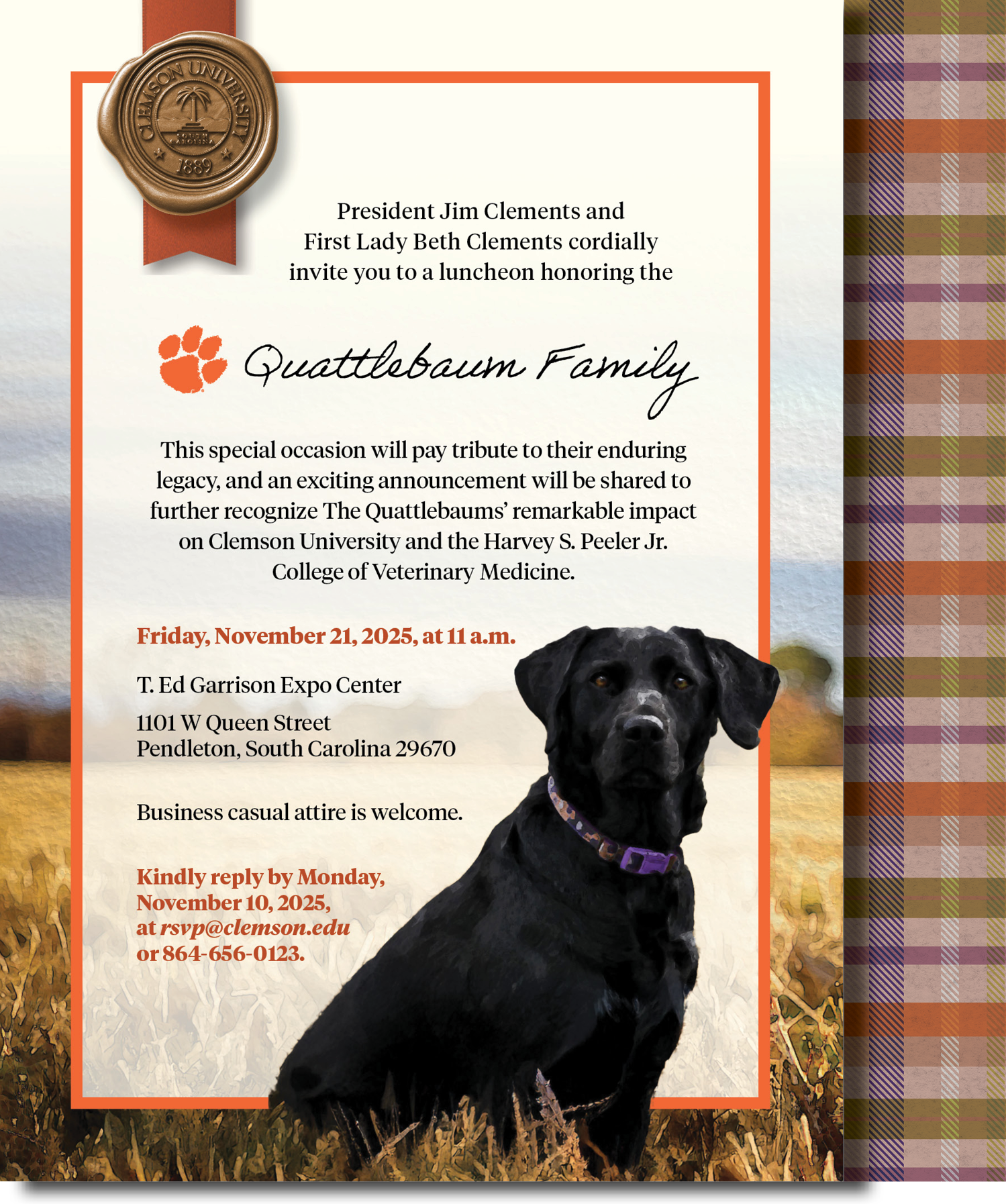 Invitation for the Quattlebaum gift dinner with a wax presidential seal and the donor's dog in a watercolor treatment