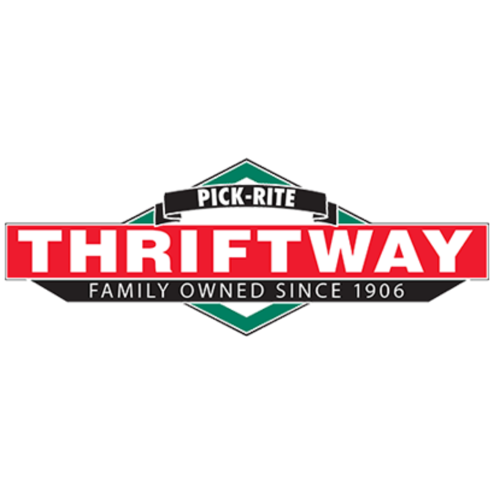 Thriftway sign with Pick-Rite and family owned since 1906 labels, featuring a black, red, green, and white color scheme.