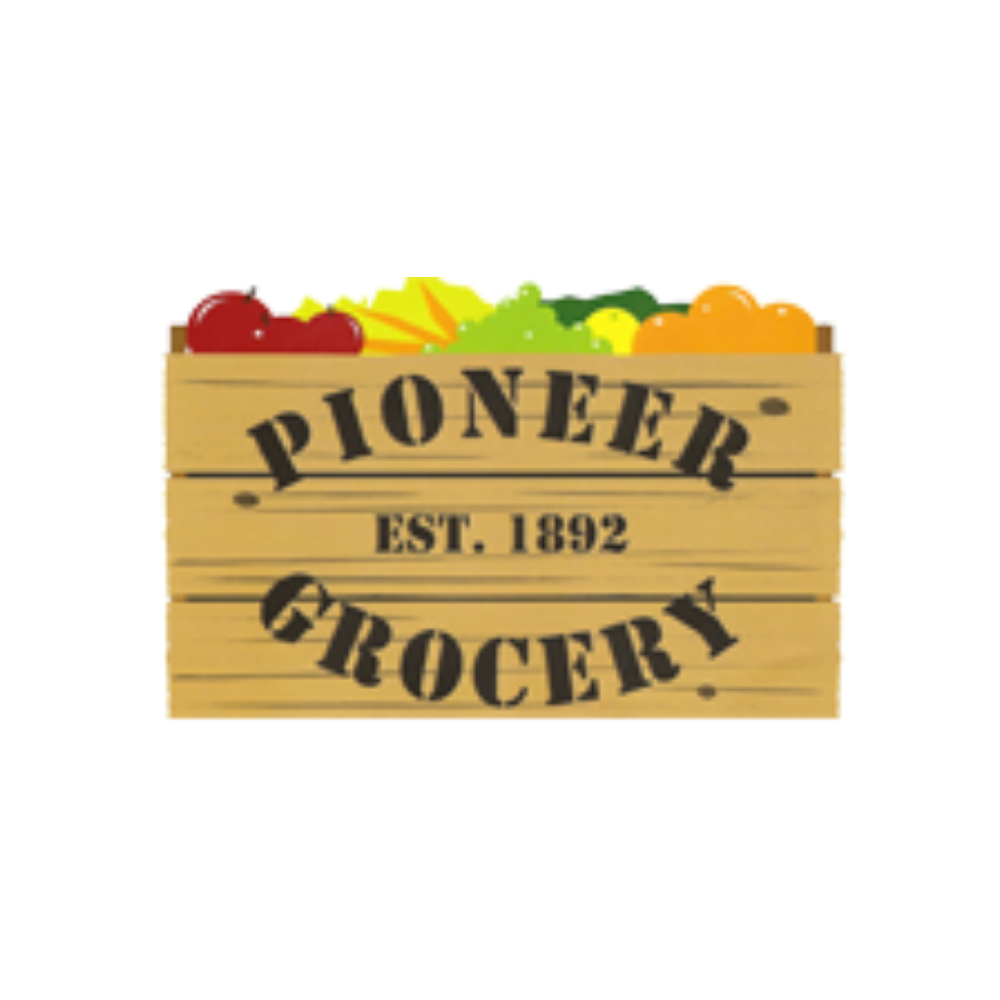 Wooden crate filled with colorful fruits such as red apples, green grapes, and oranges, labeled "Pioneer Grocery, Est. 1892."
